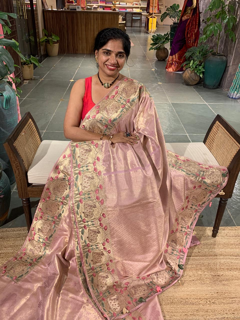 Lilac Kanchi Tissue Brocade Saree With Tissue Pichwai Embroidered Border
