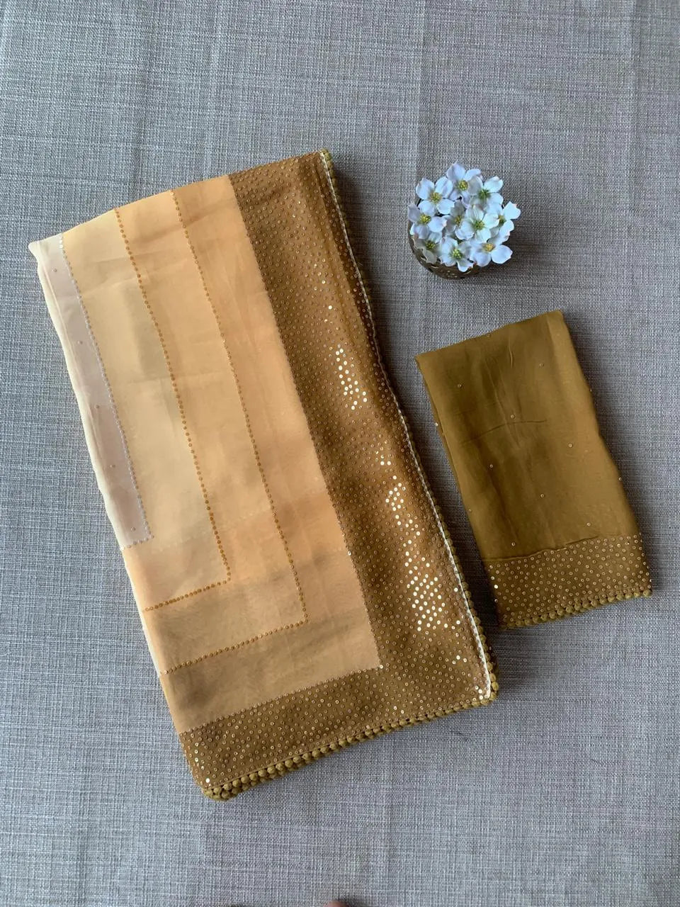 Light mustard Pure Gorgette Saree With Shaded Sequnce Border