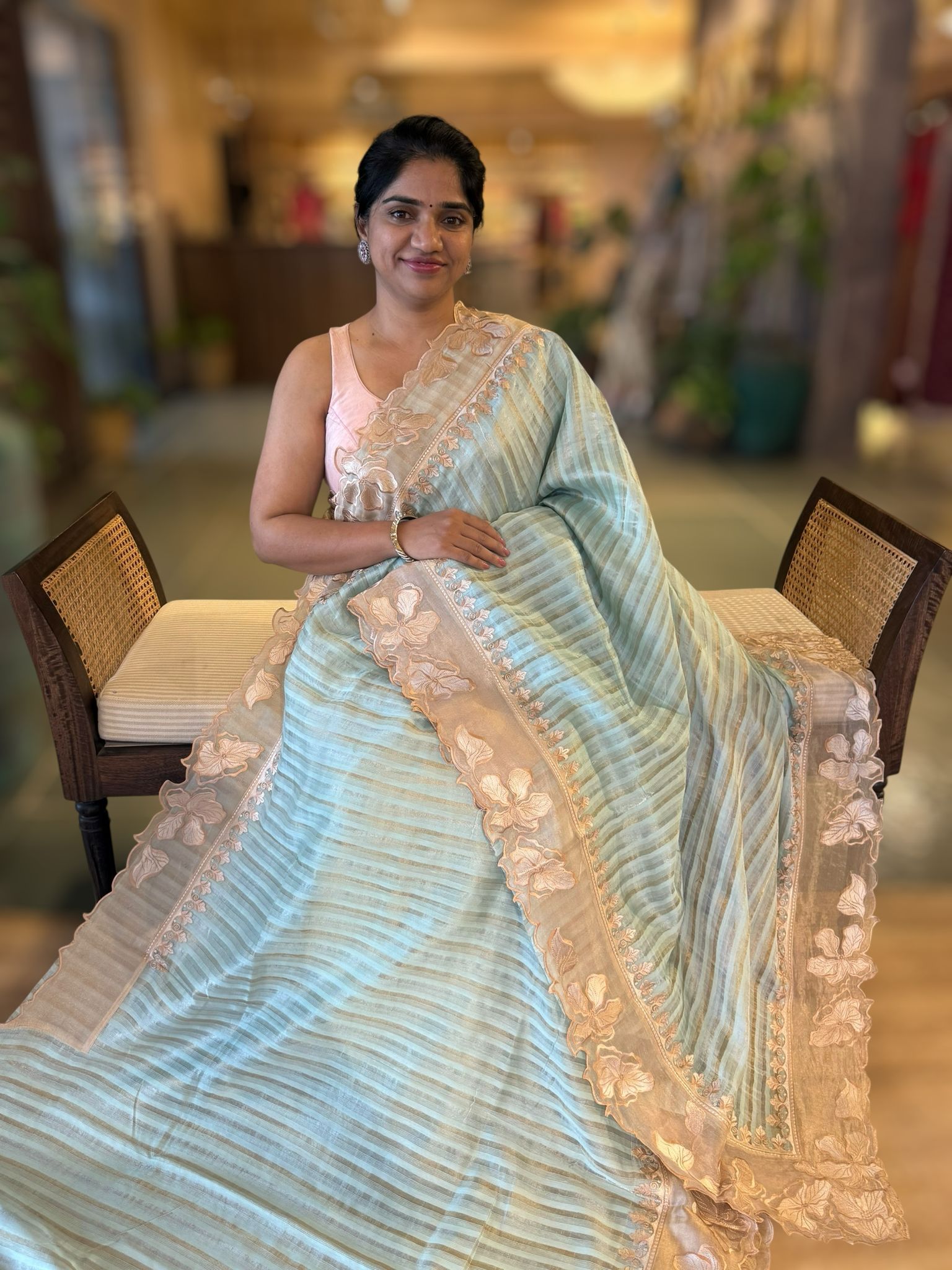 Pastel blue Mul Tissue Stripes Saree With Tissue Cutwork  Border & Blouse