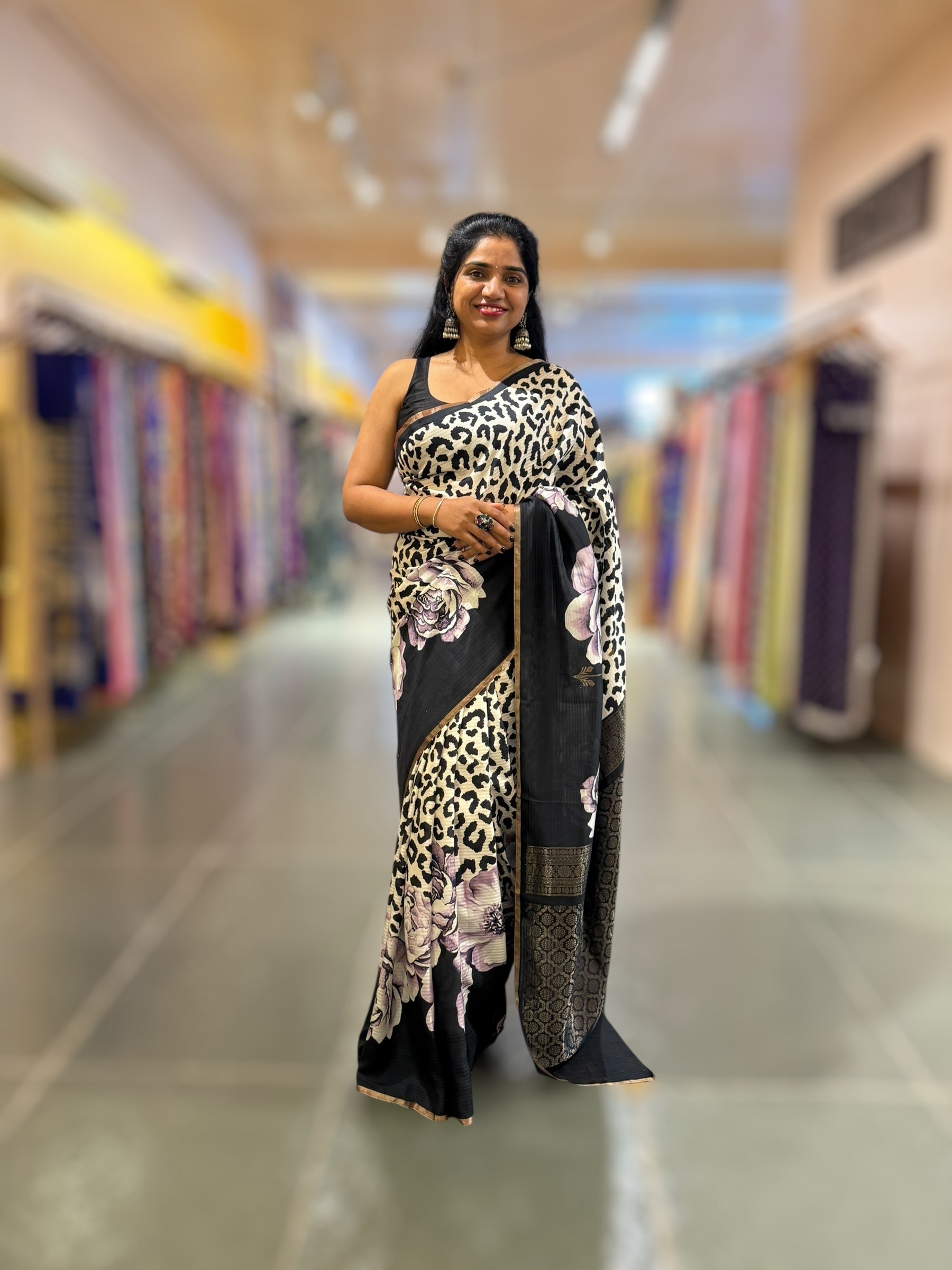 Kanchi Soft Silk Saree with Leopard and Statement 3D Rose Print