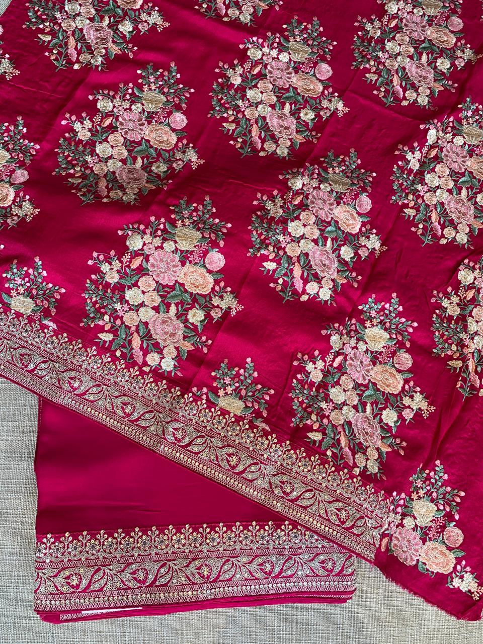 Dark Pink Pure Satin Silk Saree With Sabhya Borders & Allover Emb Blouse