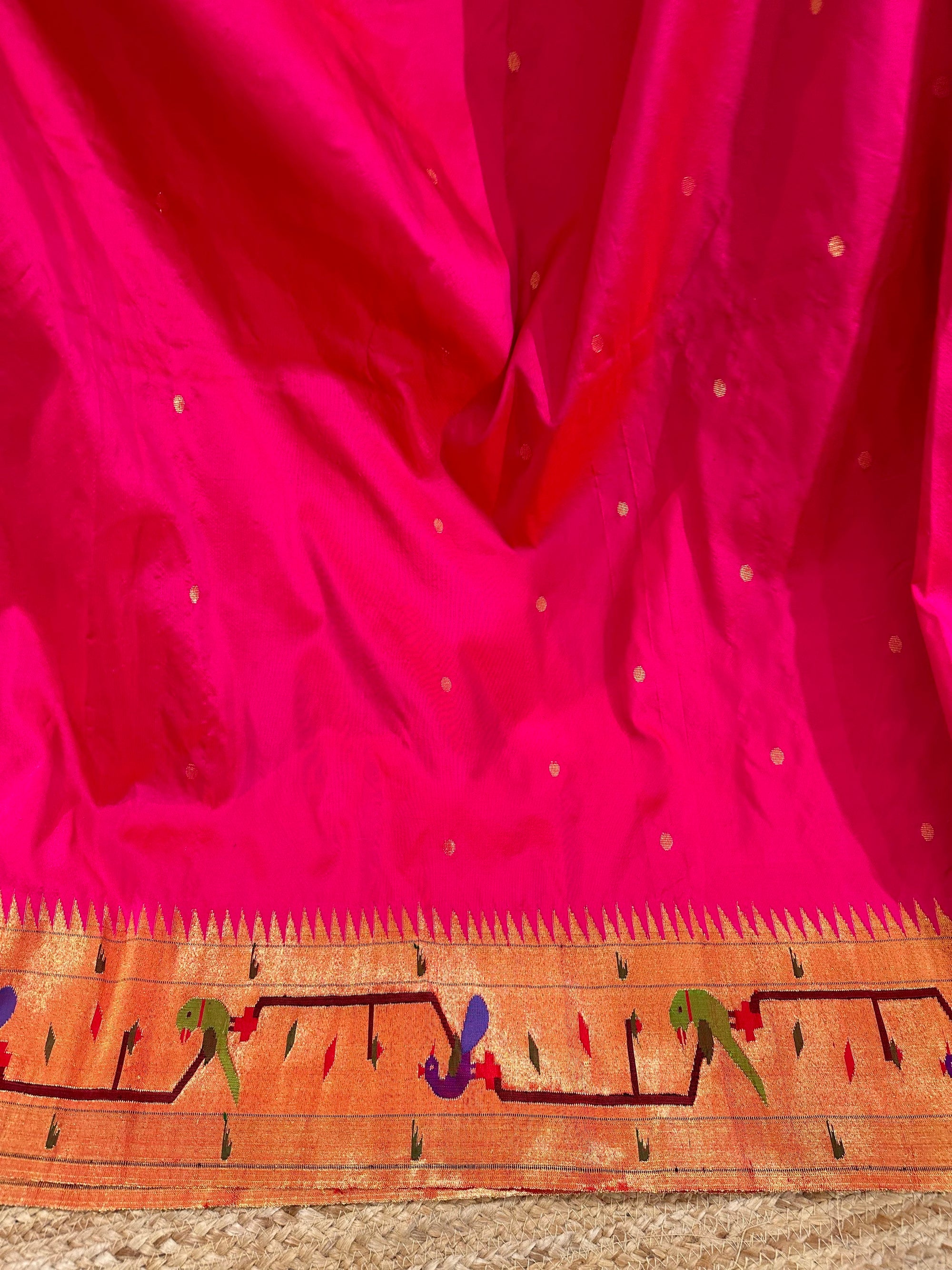 Rani Pink Pure Pythani saree with parrot peacock border
