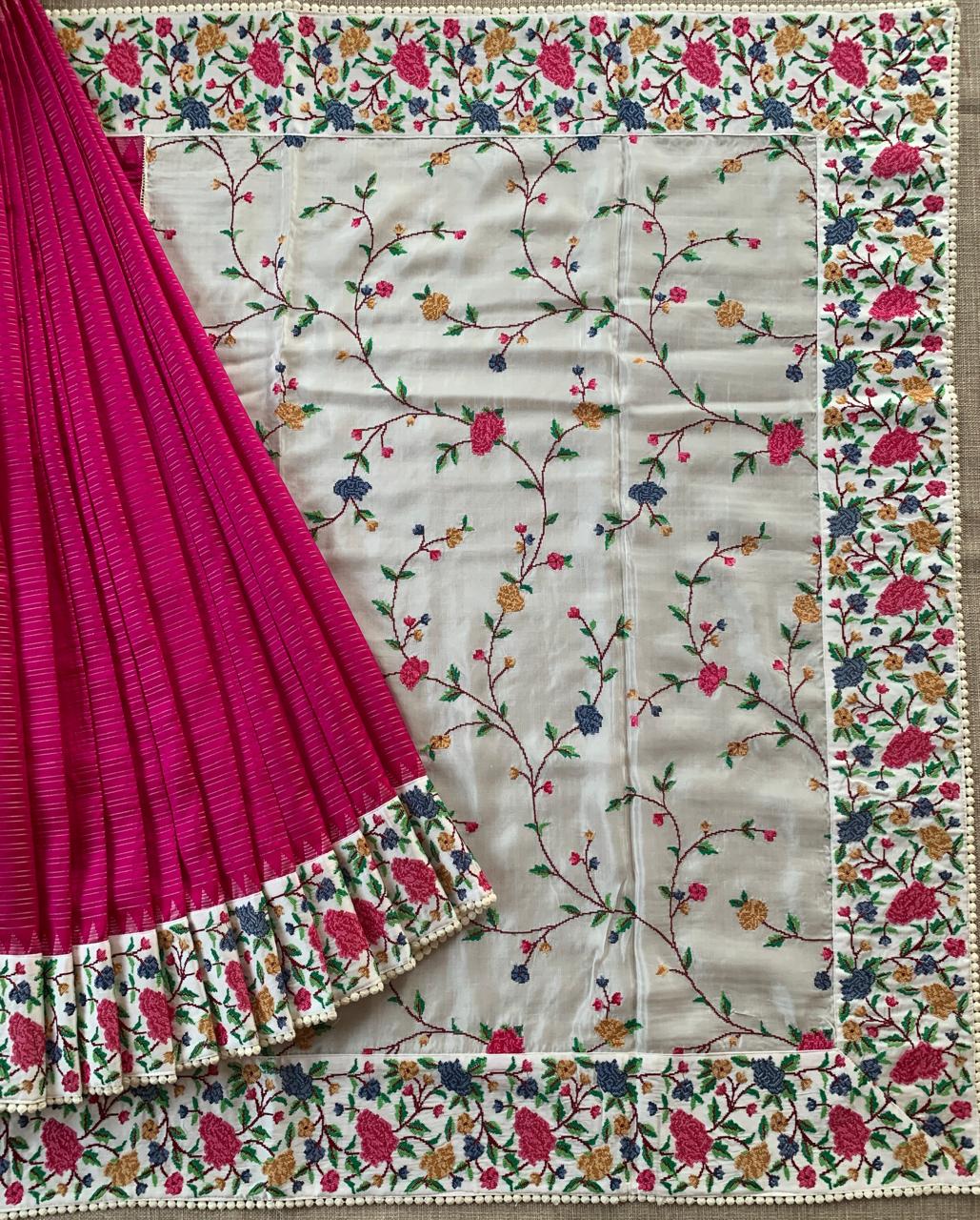 Pink Kanchi Soft Silk Saree With Petite Point Embroidered Border Pallu & Blouse