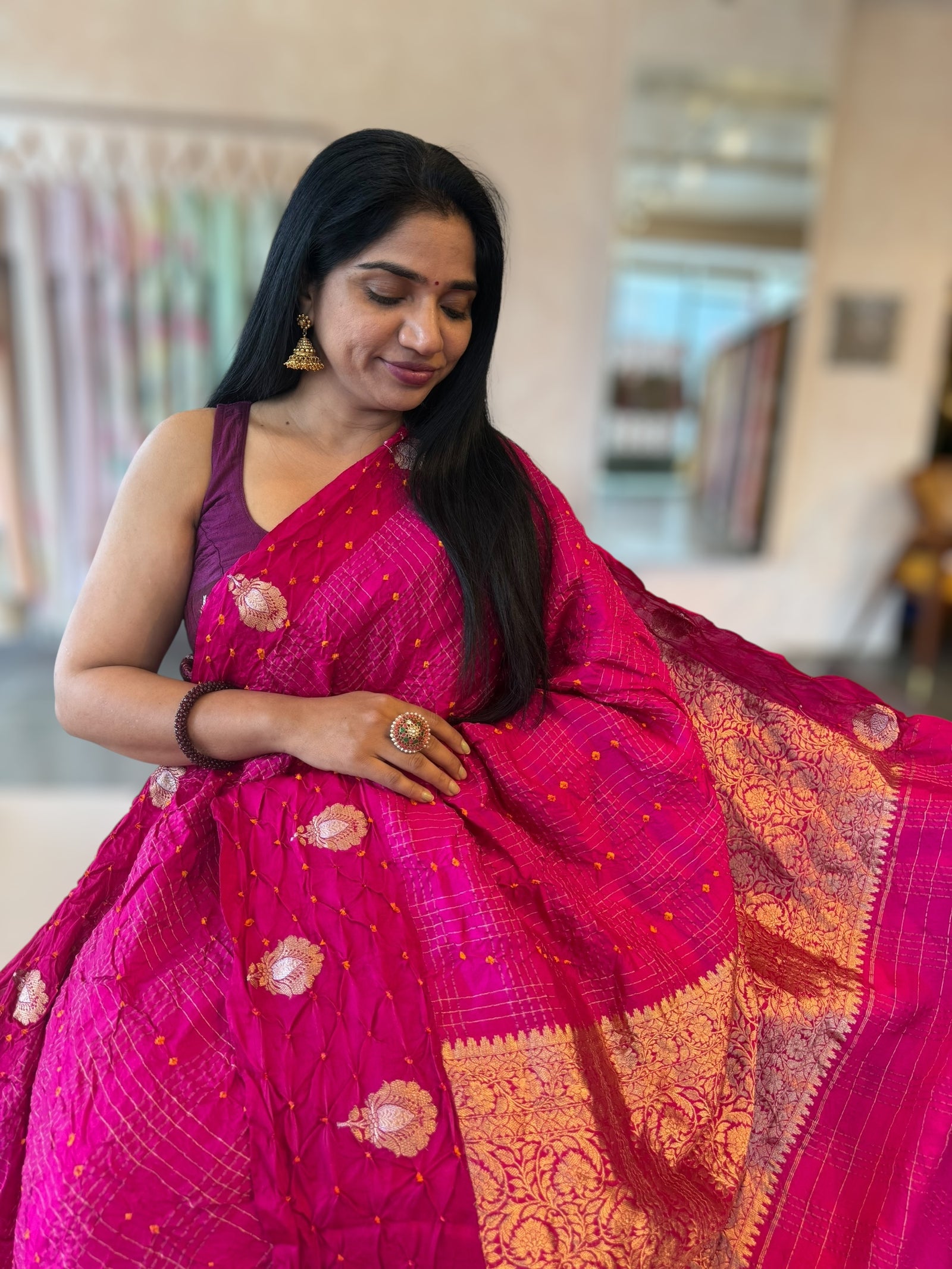 Rani Pink Banarasi Bandhej Silk Saree With Kaduwa Woven Open Mashru Borders