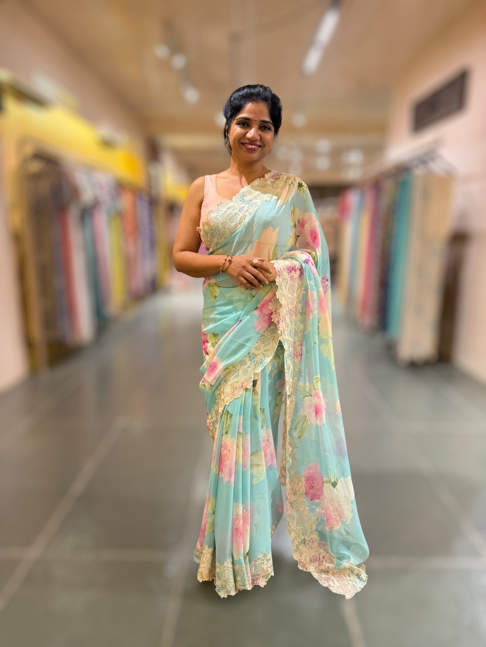 Light Blue painting Style Printed Gorgette Saree With Cutwork Lace Border