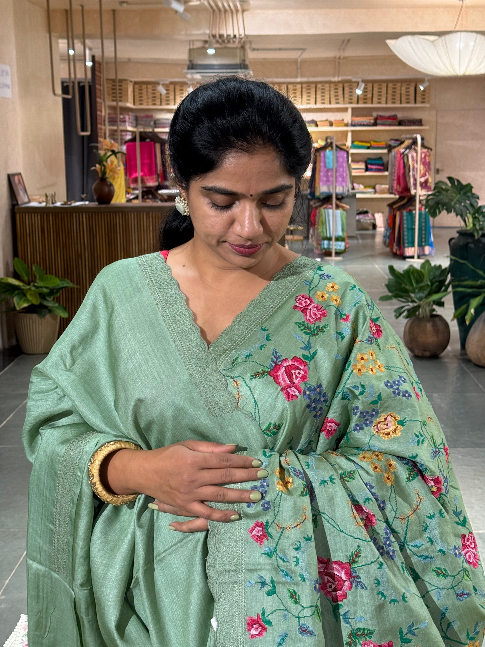 STPPA206 : Sage Green Pure Tussar Saree With Allover Petite Point Embroidery