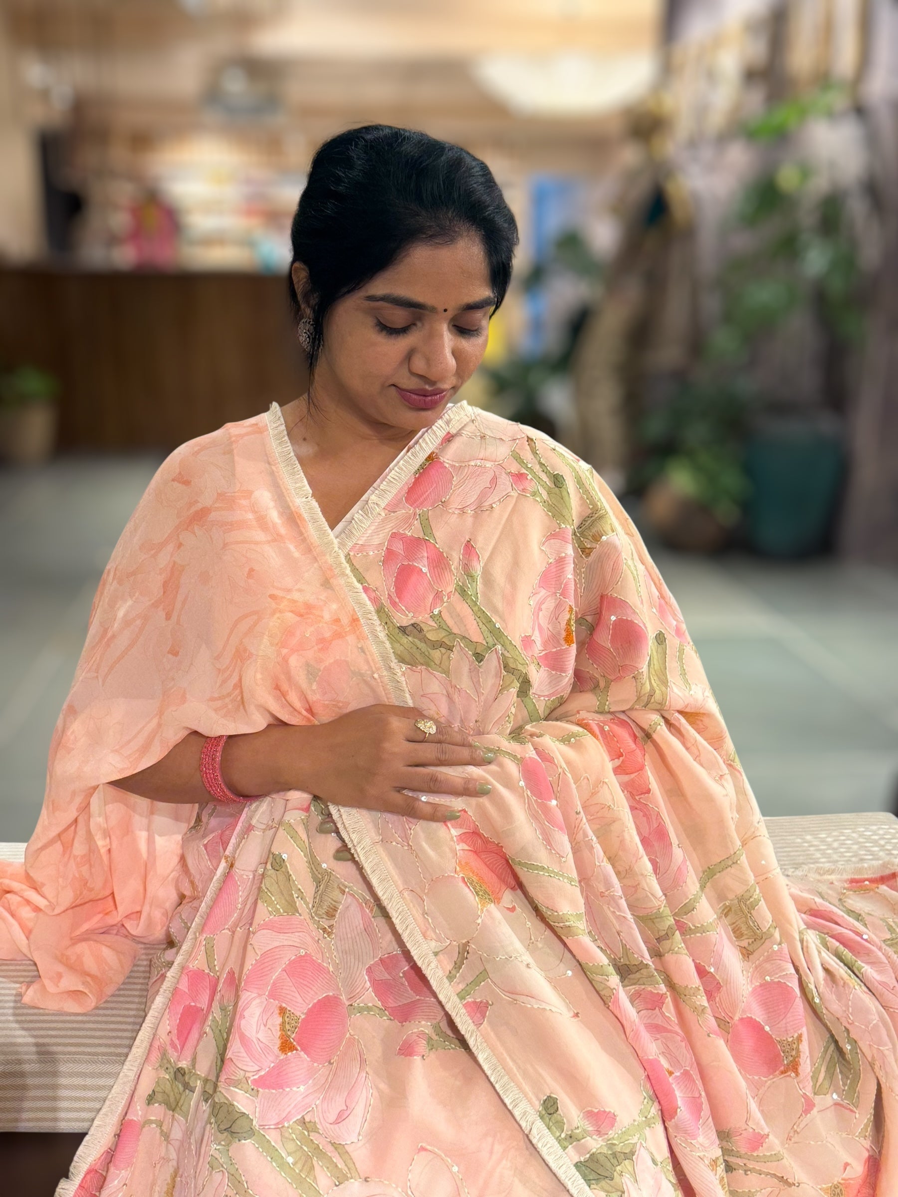 Peach Pink Pure Gorgette Printed Saree With Allover Hand Done Katha work