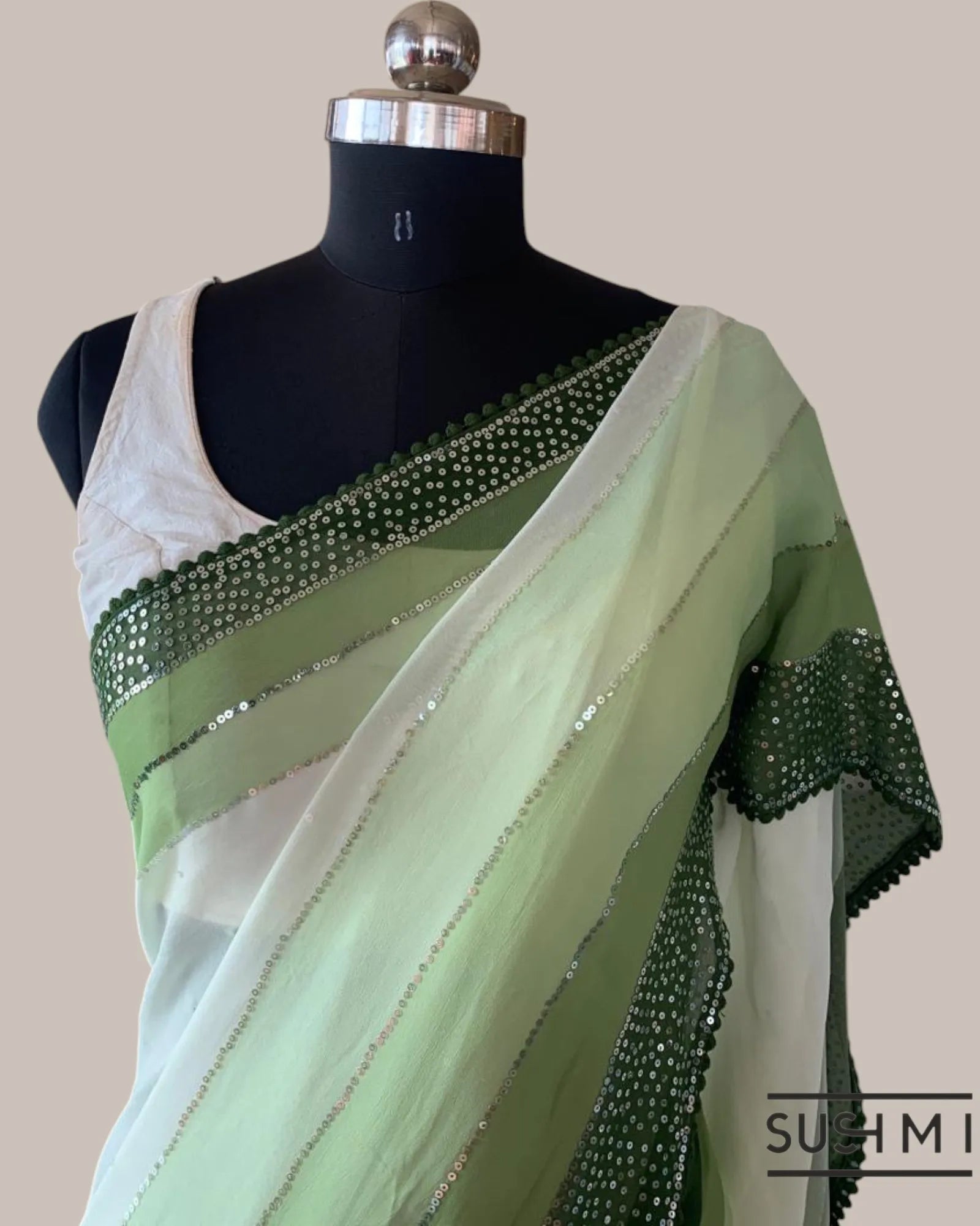 Pure Gorgette Saree With Shaded Sequnce Border
