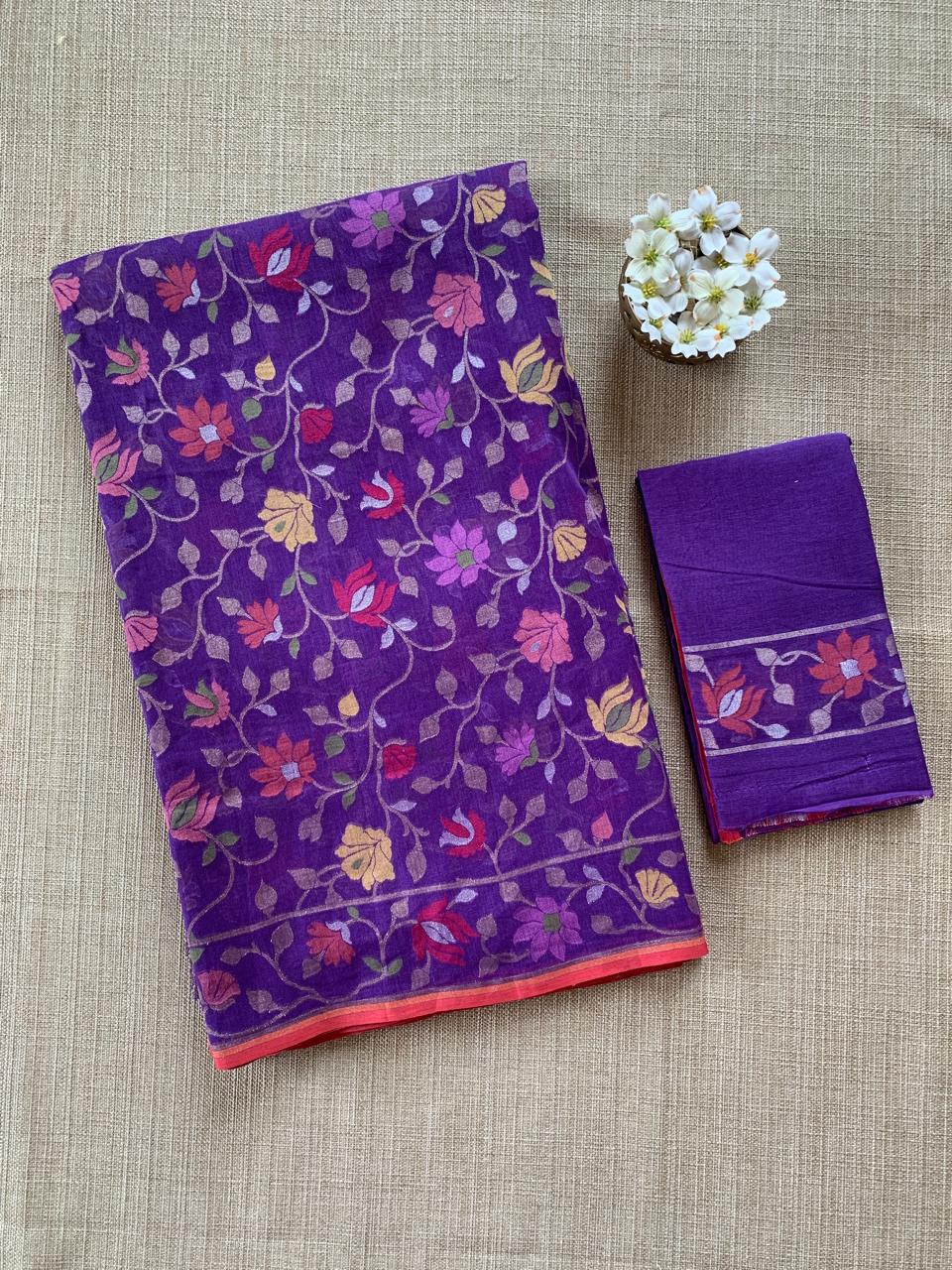 Brinjal Banarasi Handloom Cotton Cut Jamdani Saree With Allover Meenakari