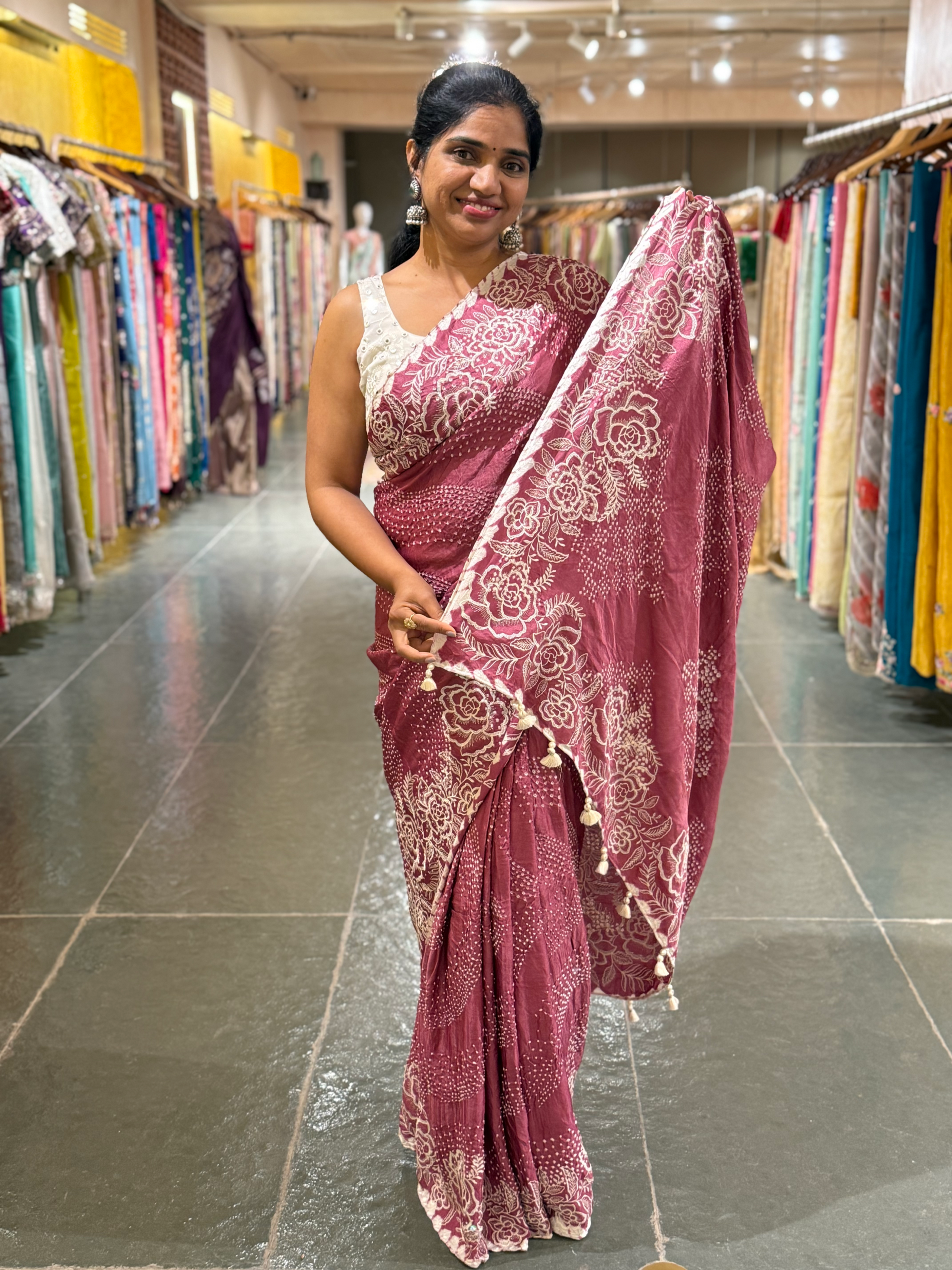 Dark Onion Pink Pure Gajji Silk Rai Bandhej Saree with Outline Embroidery