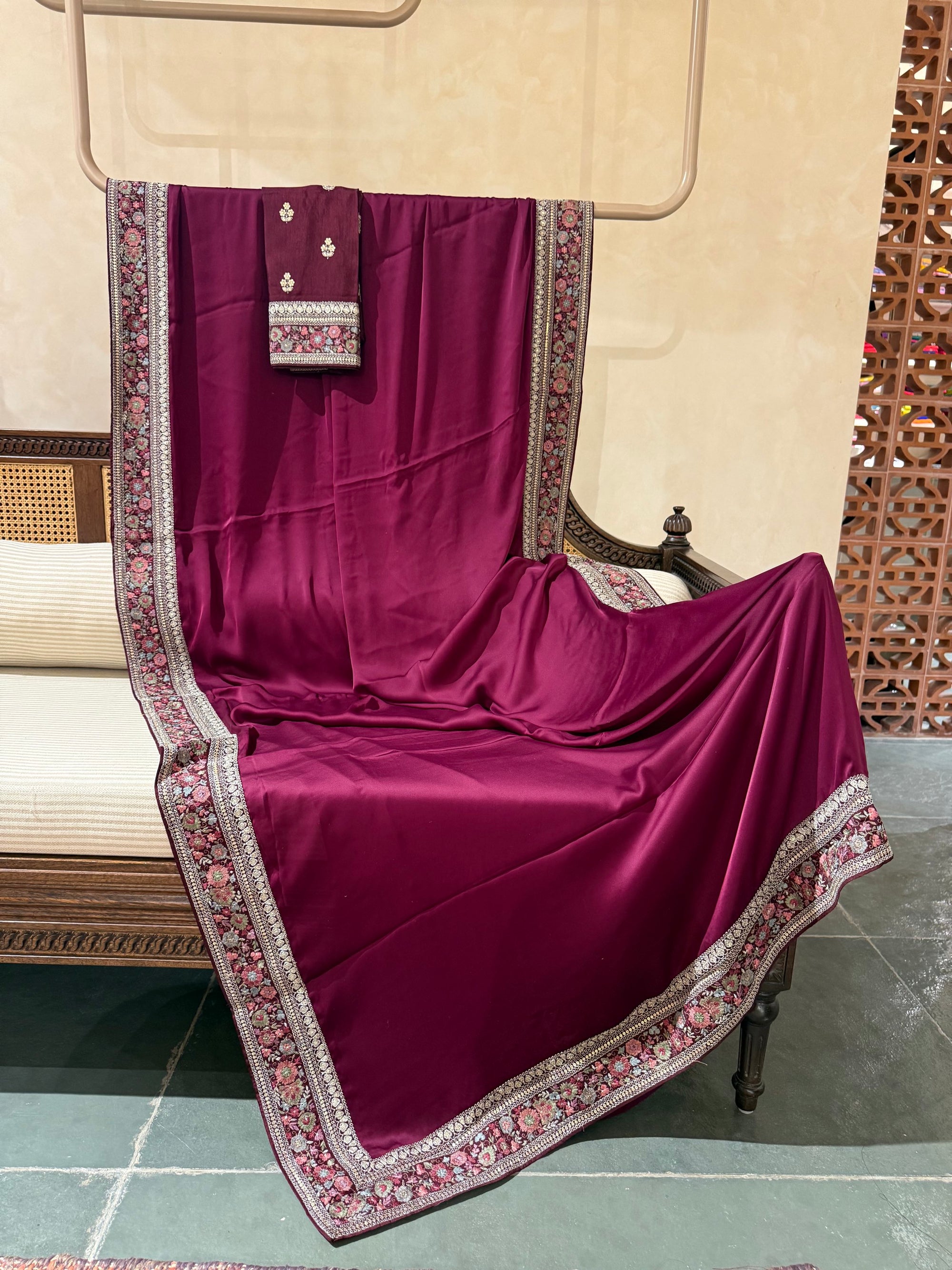 SSSM212 Wine Pure Satin Silk Saree with Sabyasachi Inspired Borders and Blouse