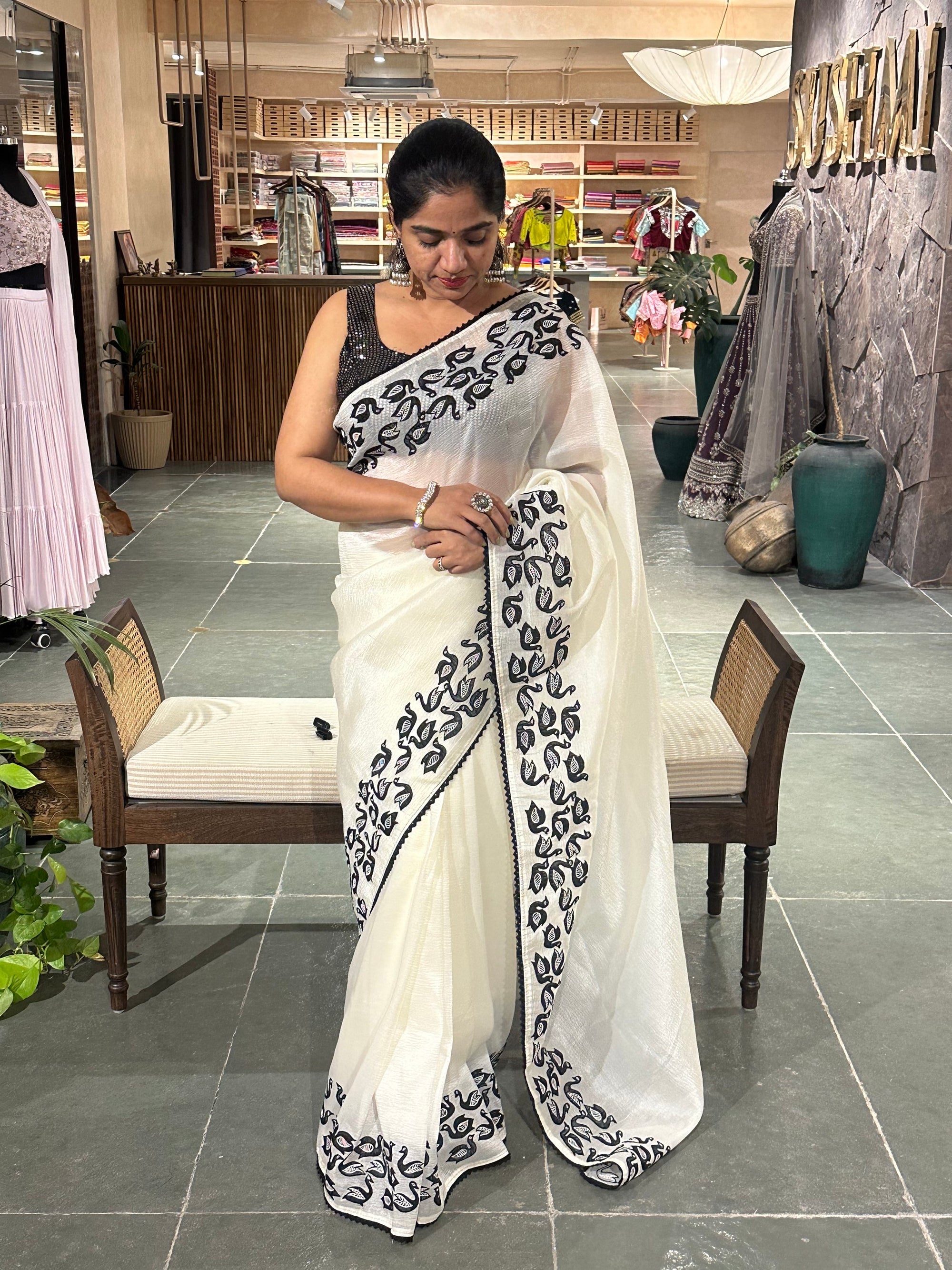 Half white Crush Organza Saree with Ducks applique work and embroidery