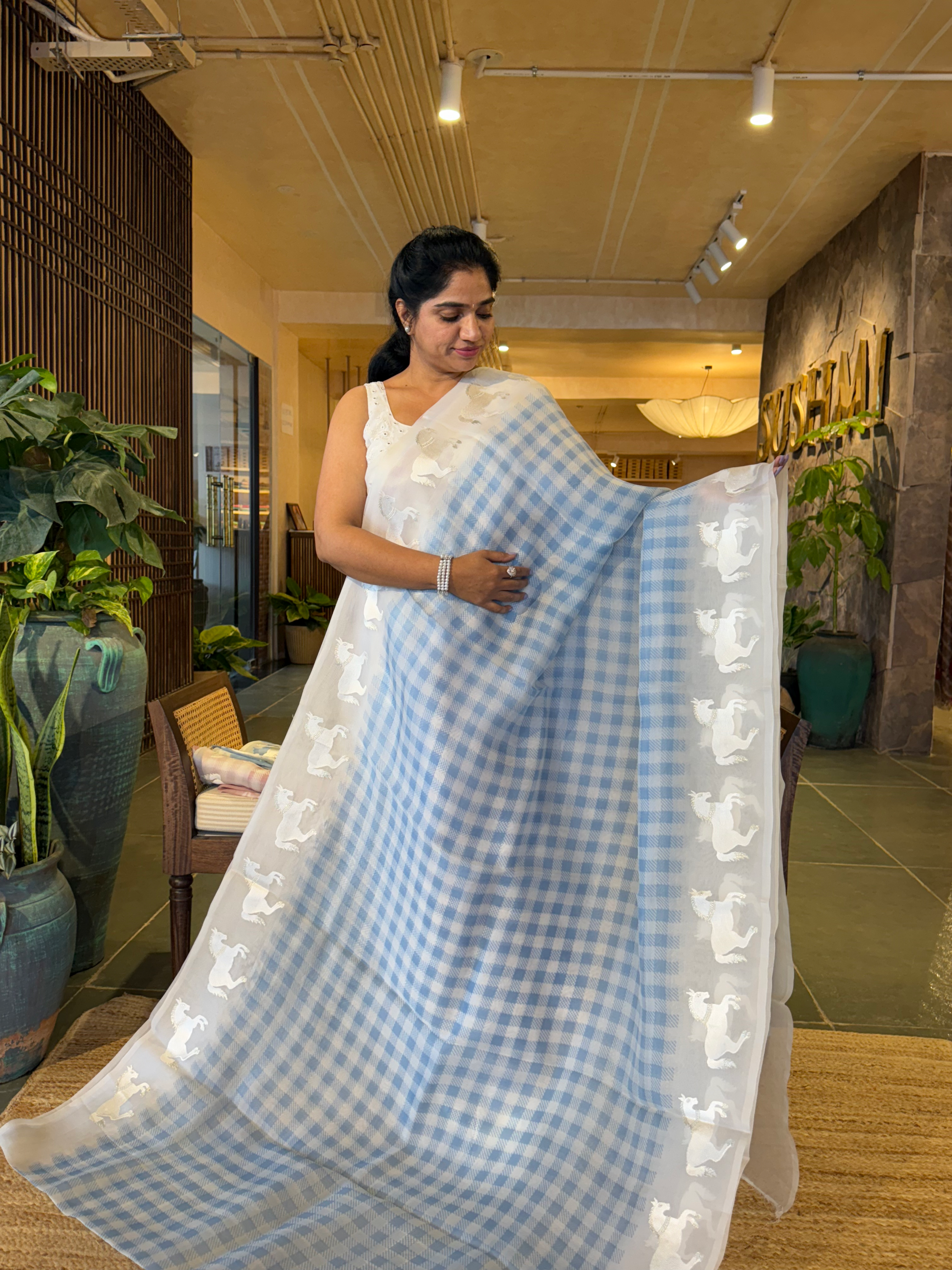 SOCH1302 : White & Blue Organza Saree Wth Embroidered Horse Border & Floral BP