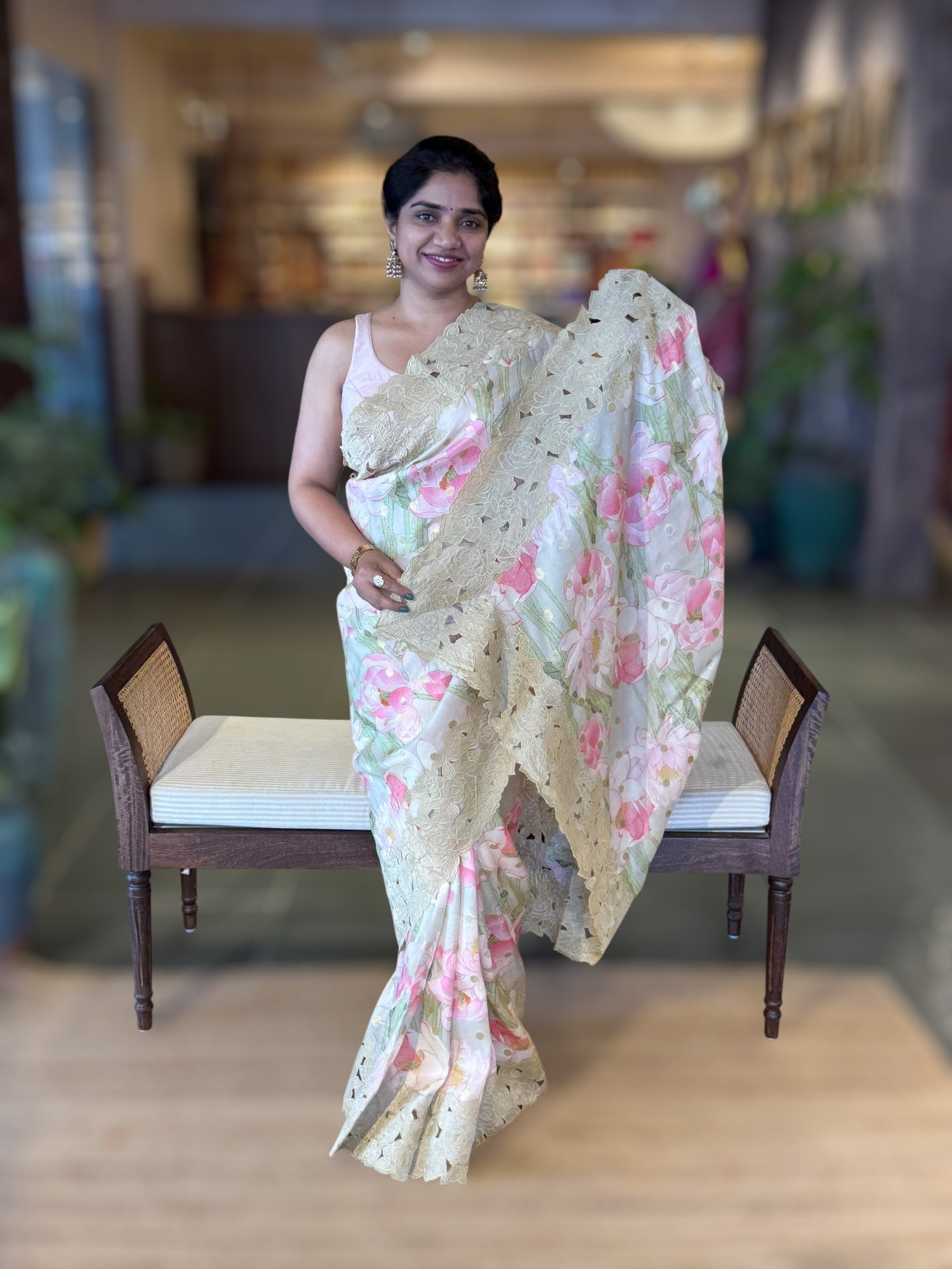 DustyTone Banarasi Printed Tussar Khaddi Gorgette Wth Tissue cutwork Rose Border