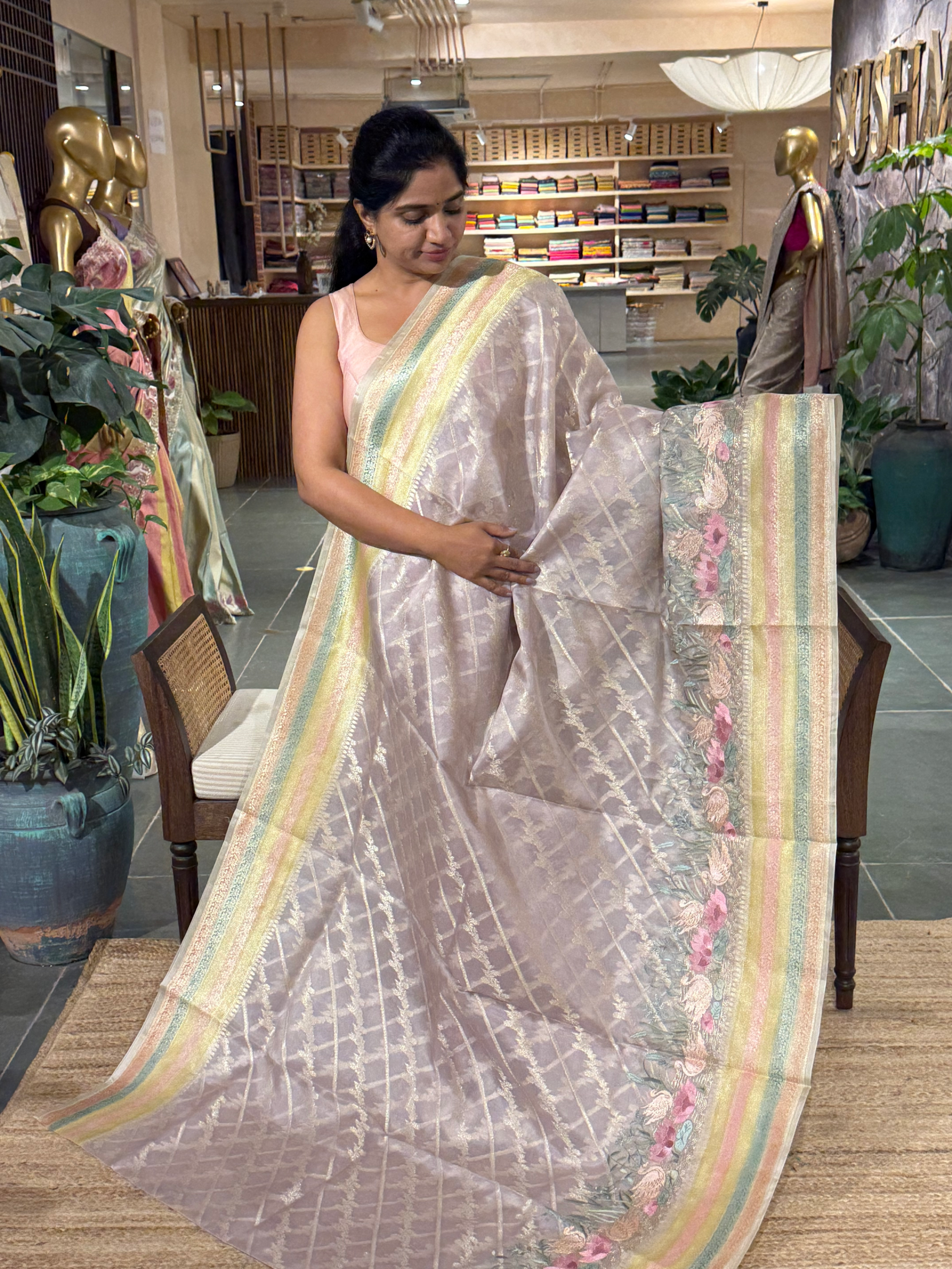 Pure Handloom Kora Banarasi with rangkaat and embroidered borders and blouse.