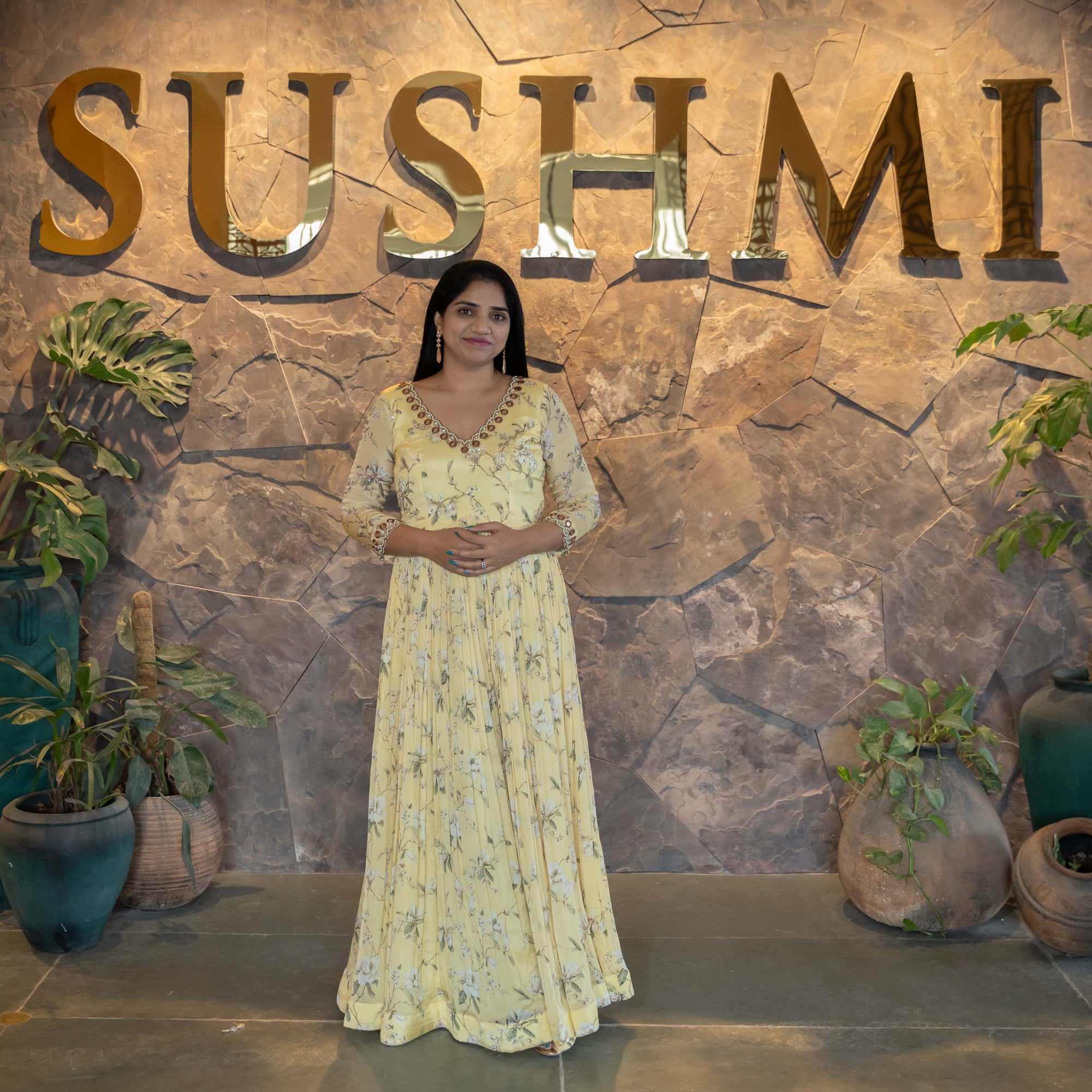 Pure Chinnon Printed Long Frock with handwork yoke