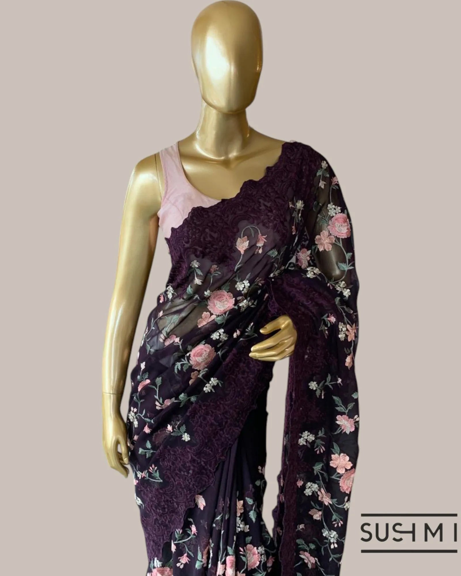 Wine Pure Gorgette Saree With Petite Point Style Allover Embroidery   Original p