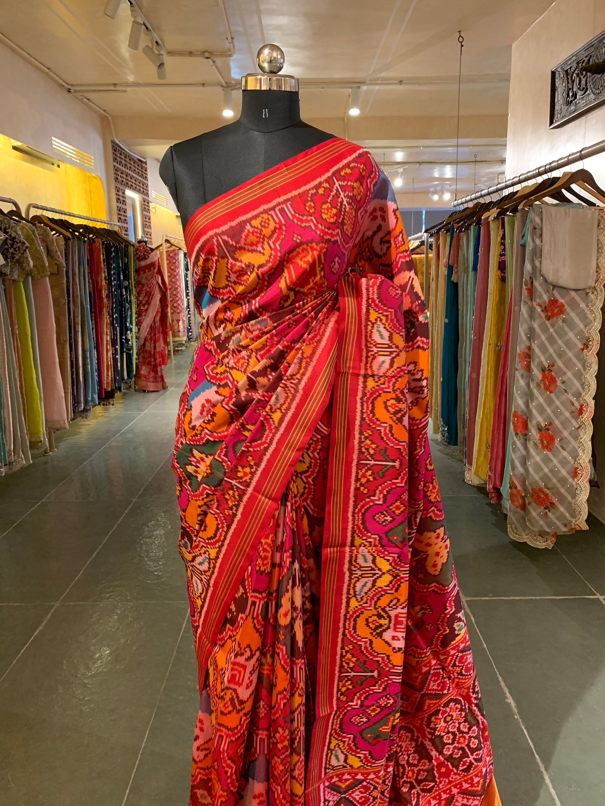 Orange , Red & yellow Combo Pure Patan Patola Saree With Allover Creeper Design