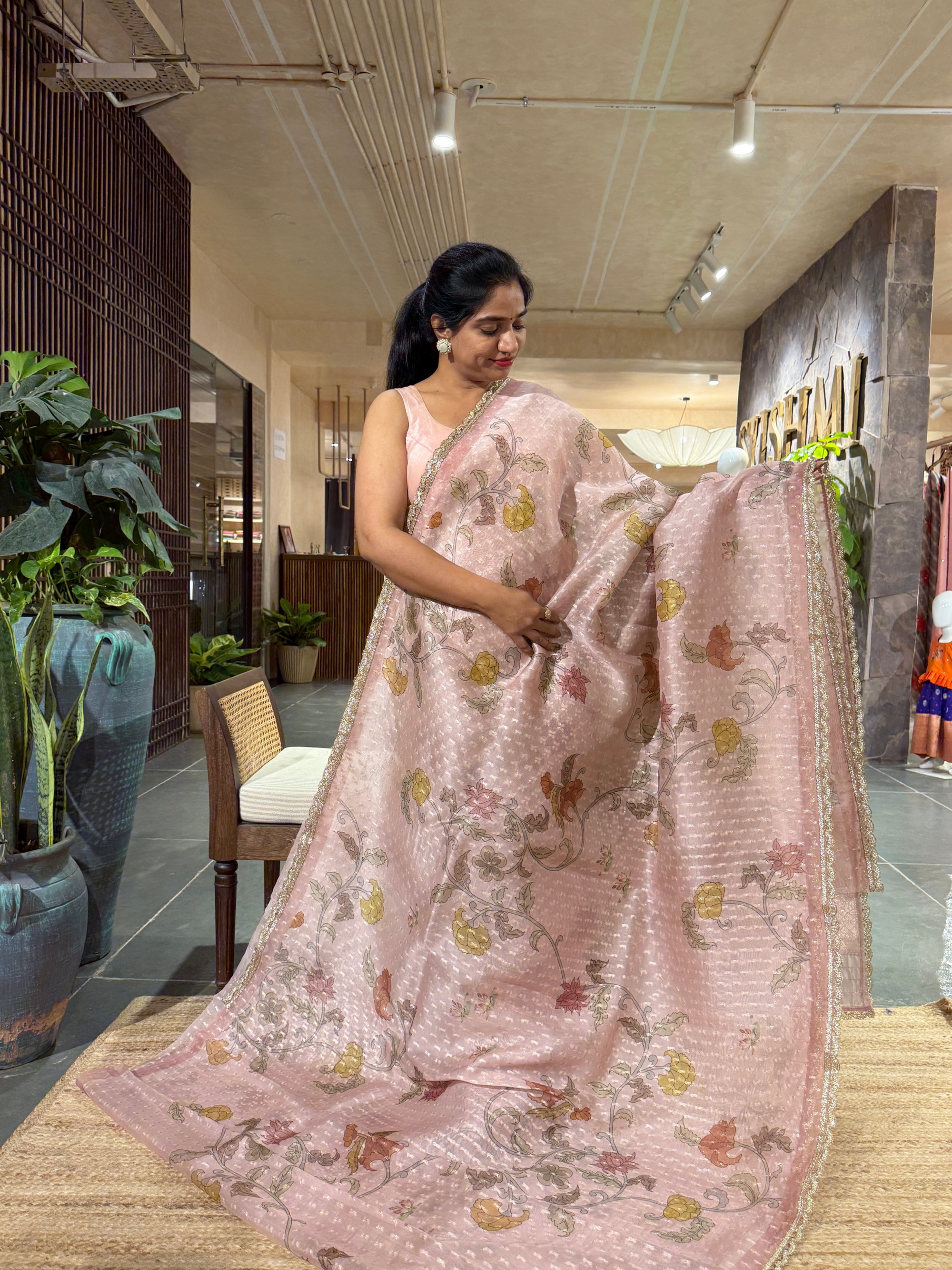 Dusty Pink Pure Organza Saree with allover zari butis and floral print paired wi