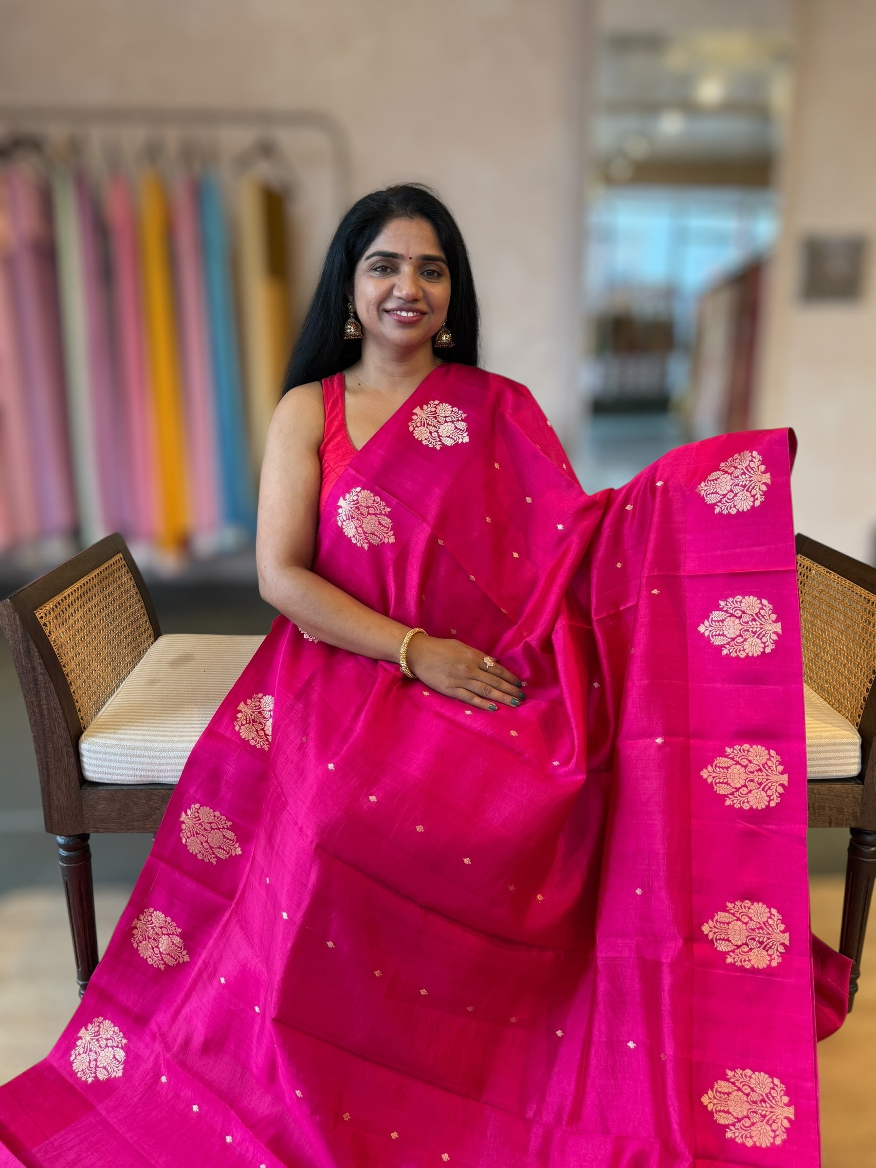 Rani Pink Banarasi Raw Mango Silk Saree with Open Borders & Kaduwa Woven Motifs
