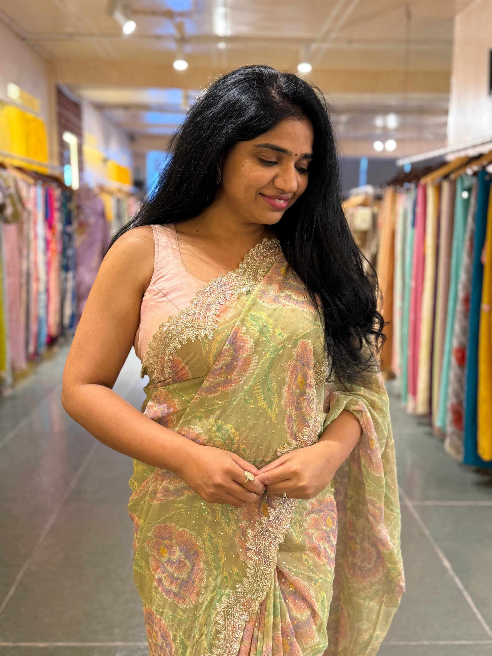 Pista Green Pure gorgette printed Saree with handwork