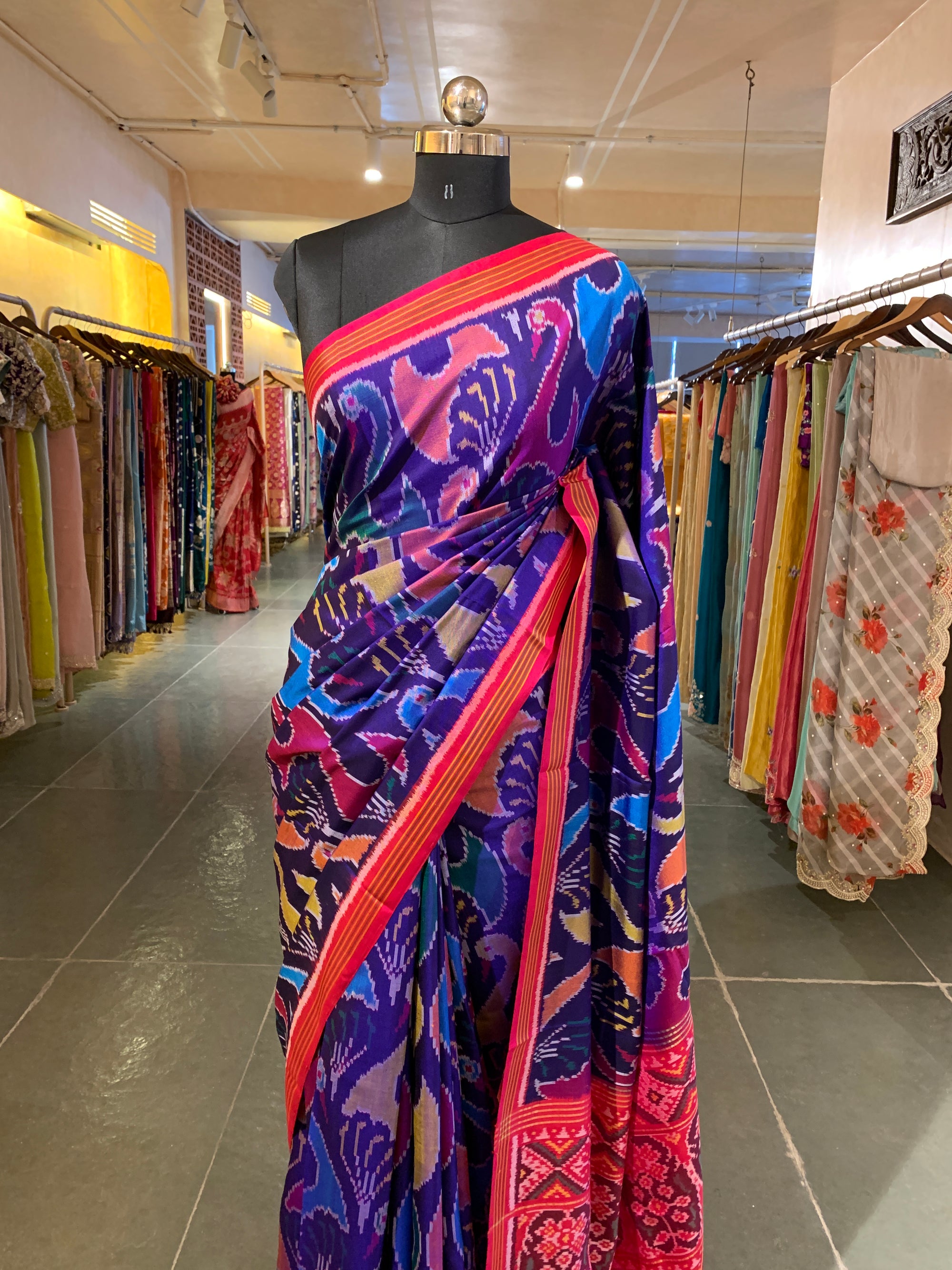 Purplish Blue and Reddish Pink Patan Patola Saree with Statement Swan Pattern