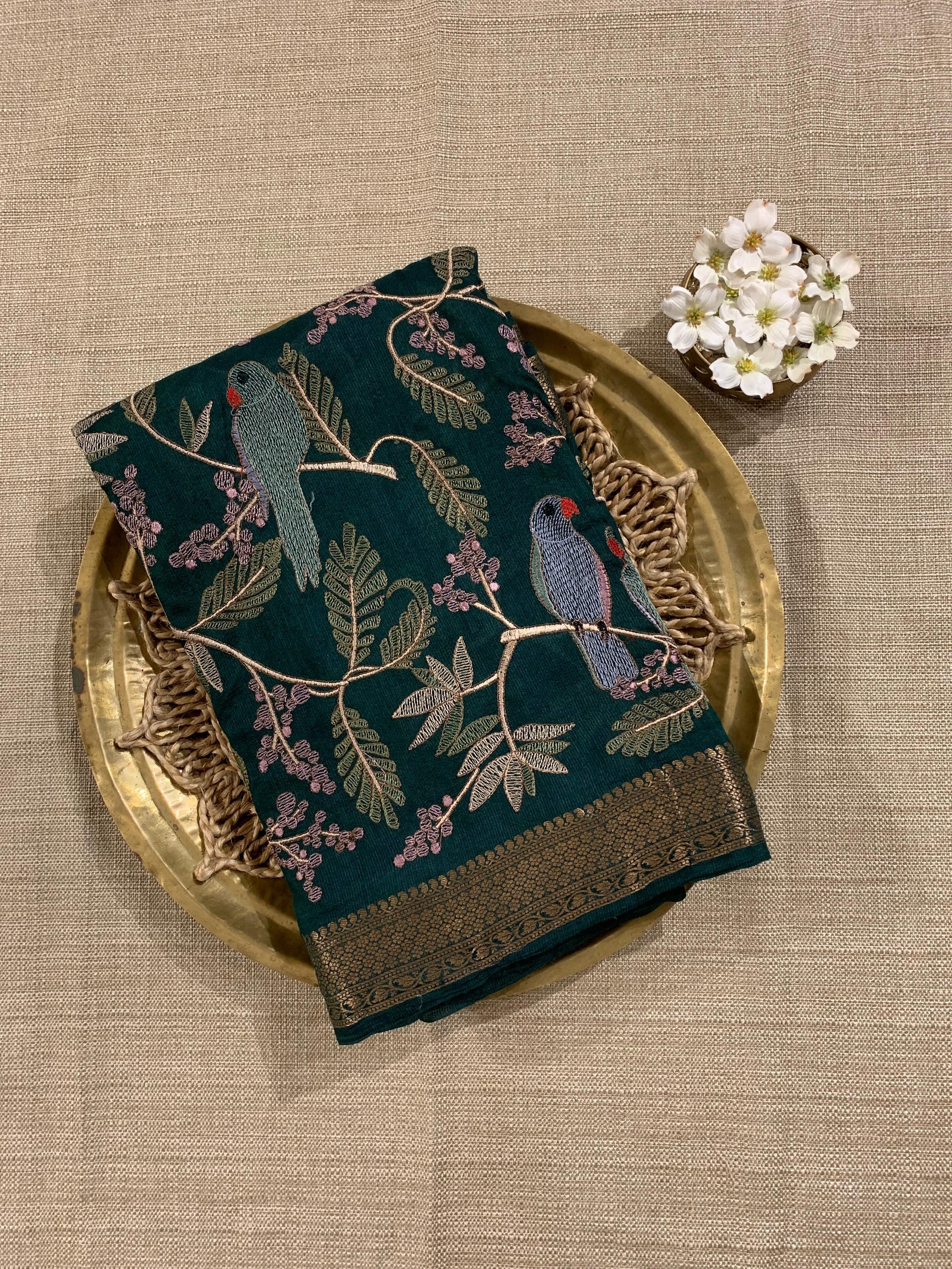 SMSEA113 Forest Green Pure Handloom Munga Silk Saree with allover  Embroidery