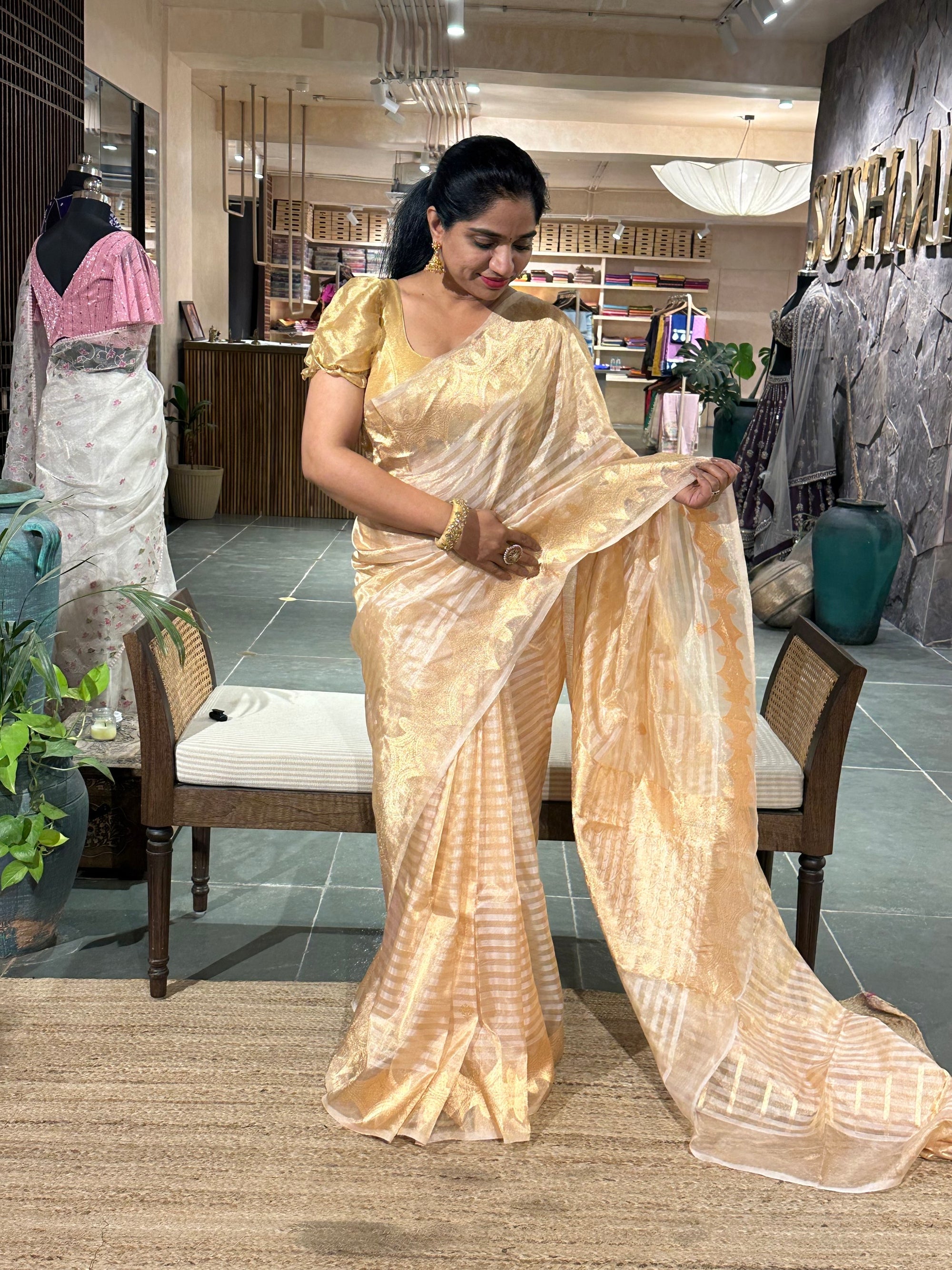 Beige Gild Banarasi Tissue Saree with Kaduwa woven motifs