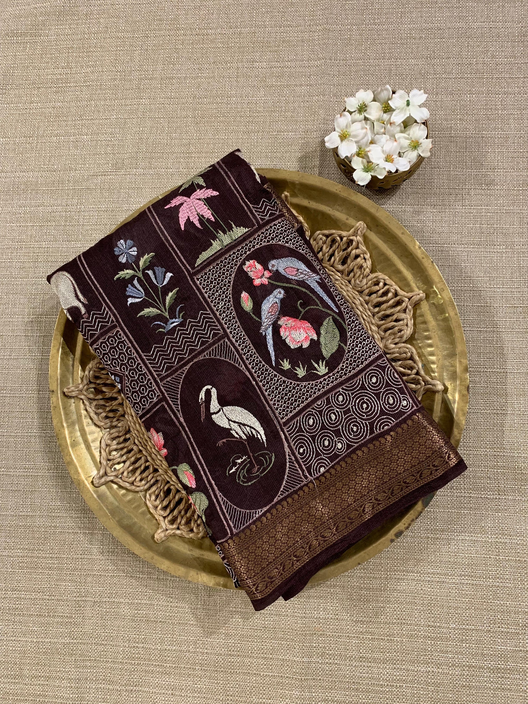 SMSEA106 :  Coffee Brown Pure Handloom Munga Silk Saree with Pichwai Embroidery