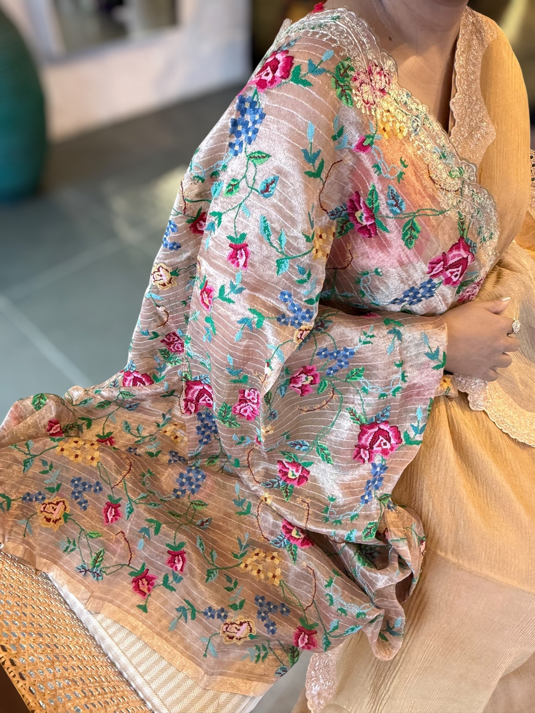 Ombre Dyed Crush Tissue Saree With Pitawork Border & Petite Point Embroidered BP