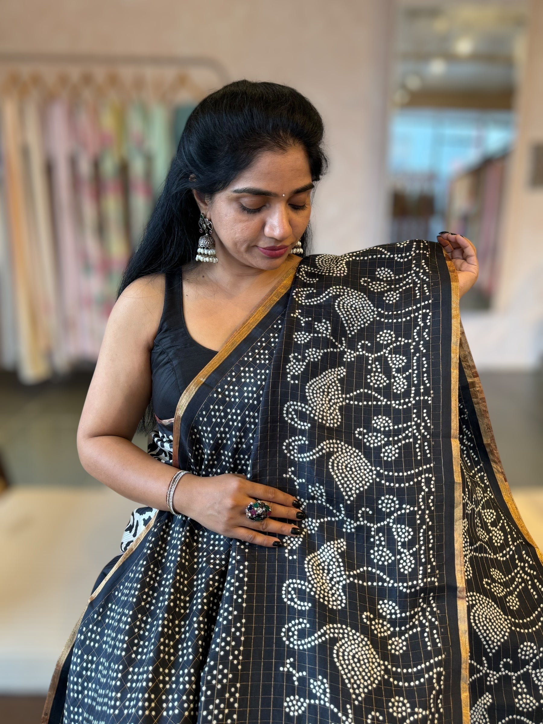 Black Kanchi Soft Silk Saree With Zari Checks allover the Saree &Bandhini Print