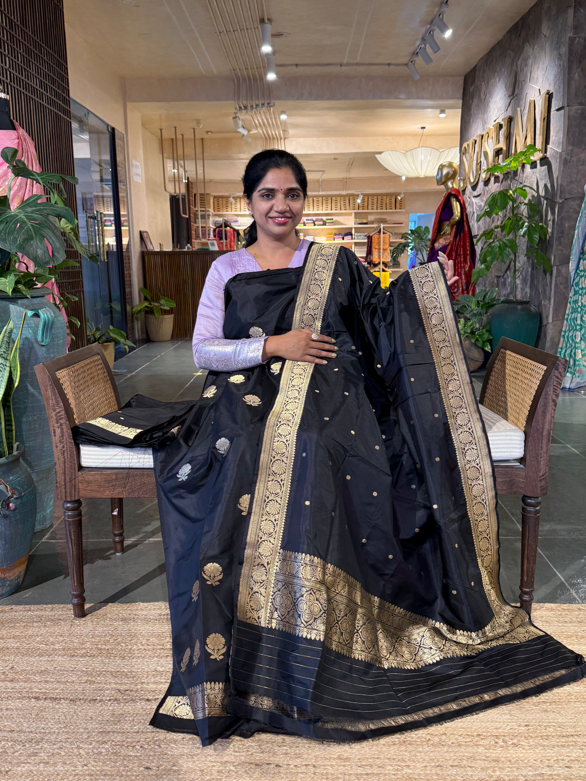 Black Pure Handloom Black Katan Silk  3 pc Suit Set with  kaduwa weaving
