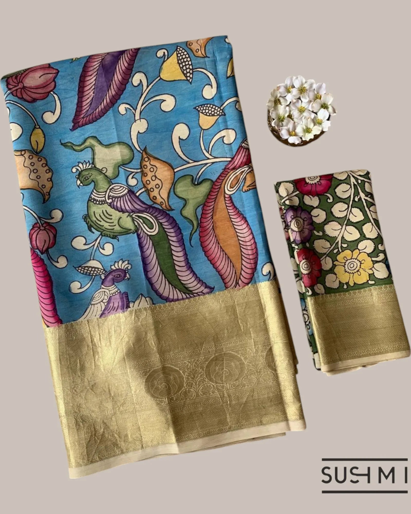 Blue Kanchi Pen kalamkari handpainted saree with heavy borders