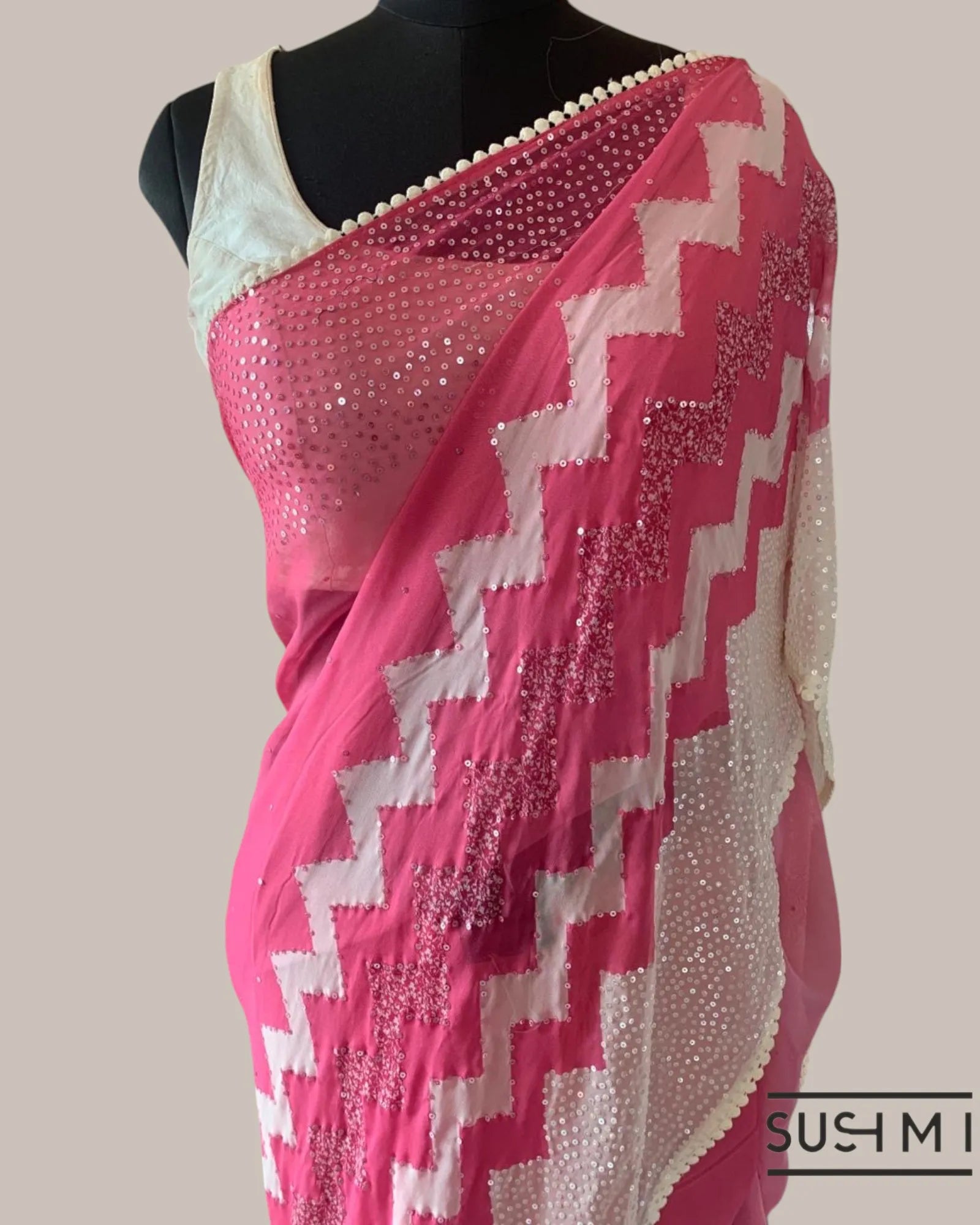 Coral Pink Pure Gorgette Saree With Zigzag Pattern Sequnce Border
