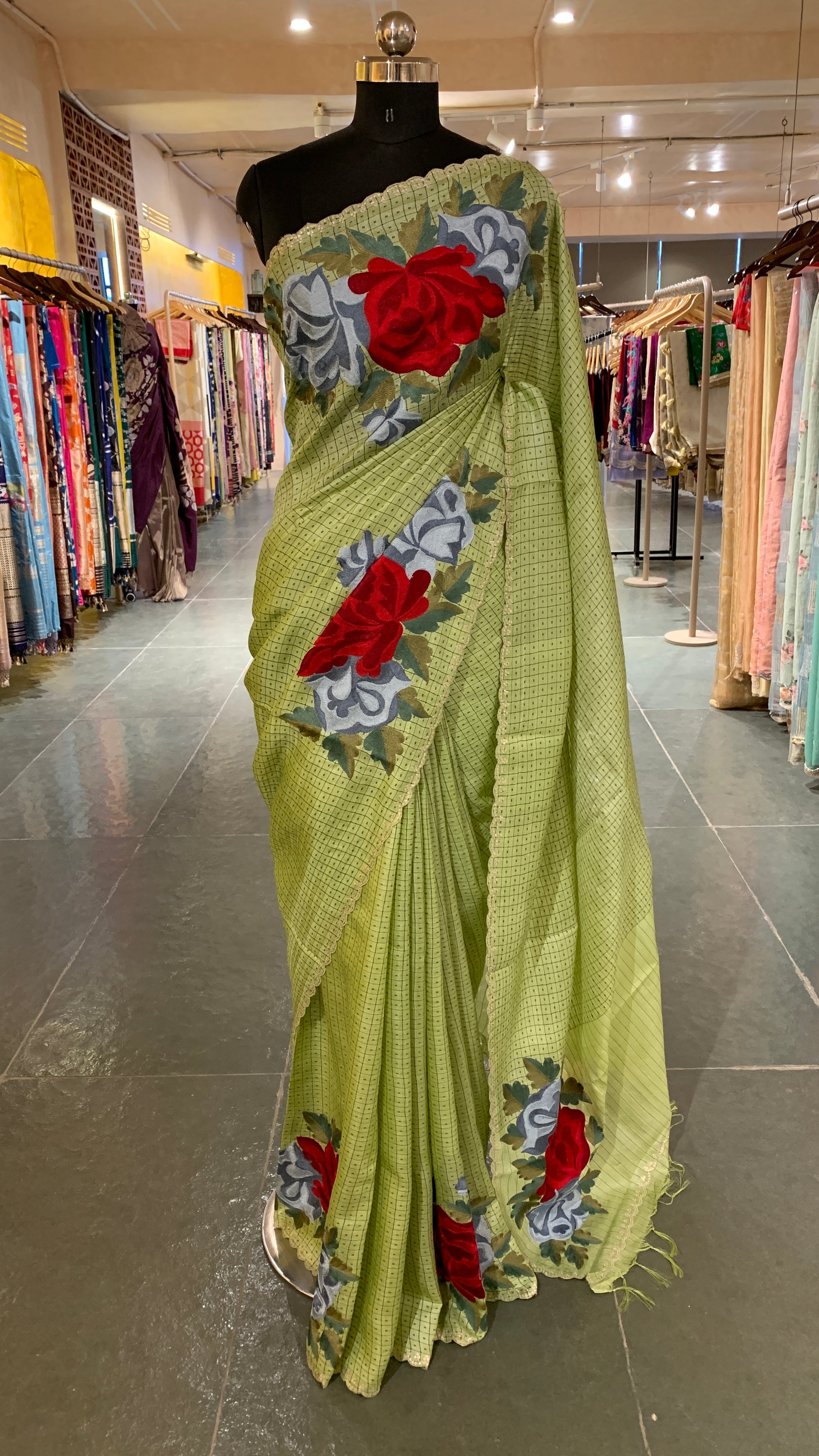 Apple Green/ Mint Tussar Saree with statement Floral Placement Embroidery