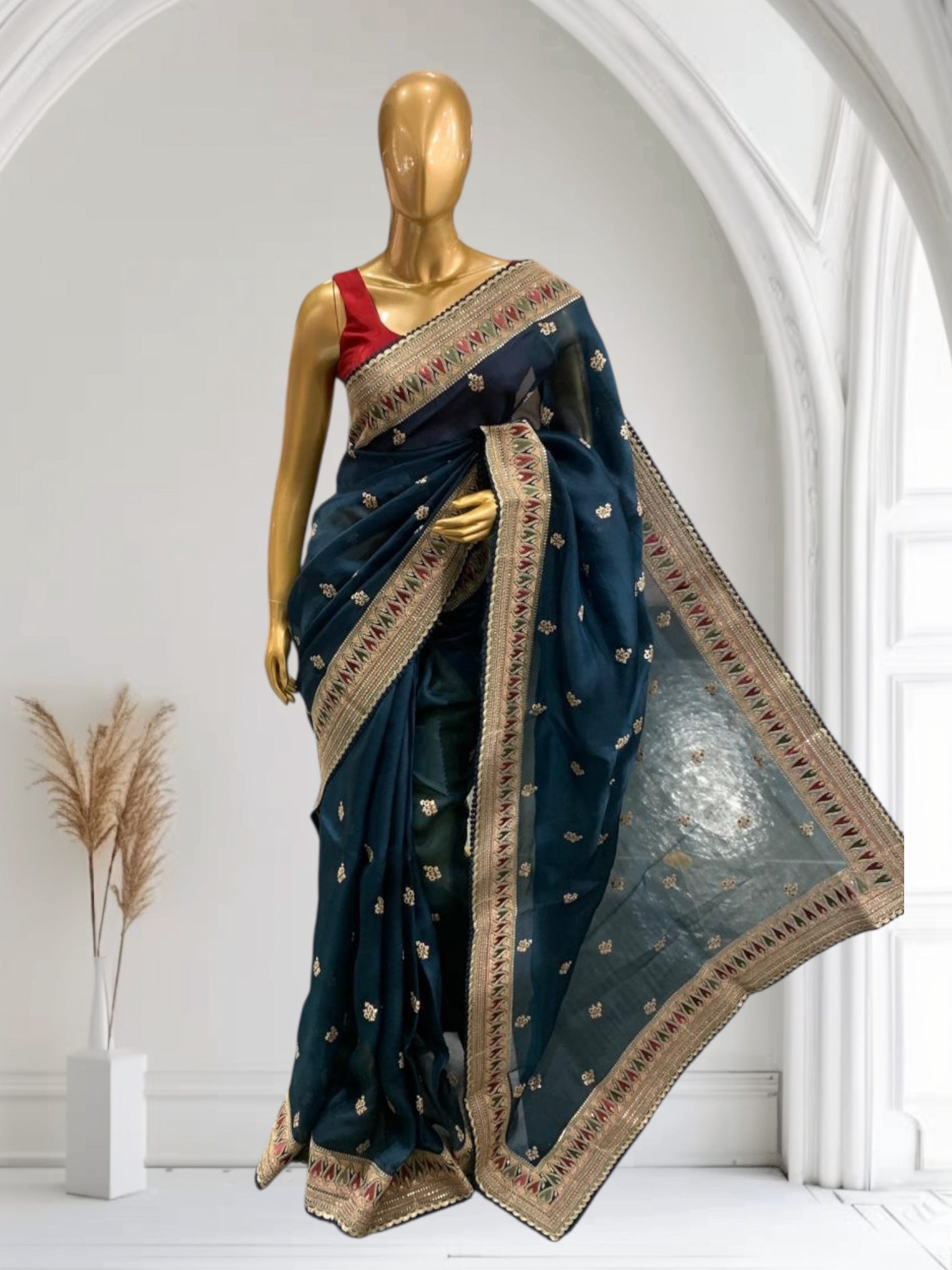 Luxe Peacock Blue Organza Saree with Sabyasachi-Inspired Border & Blouse