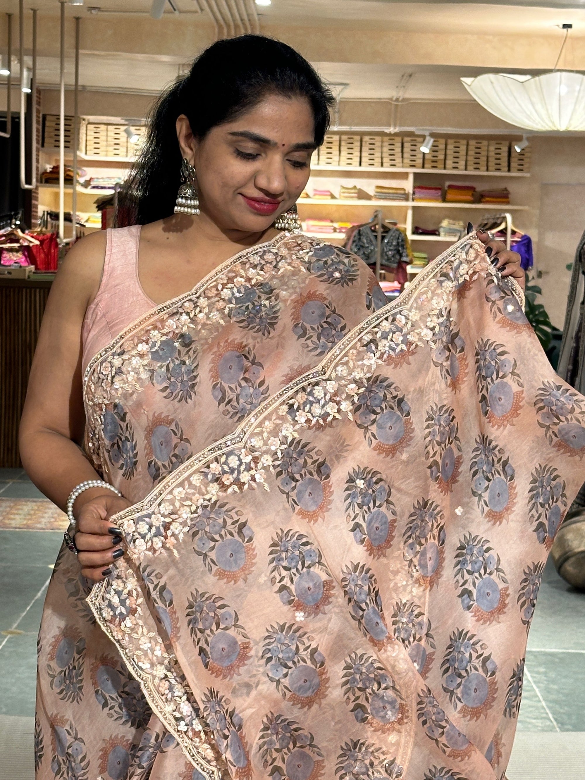 Peach Pure Organza handwork  Saree with Sabyasachi floral print