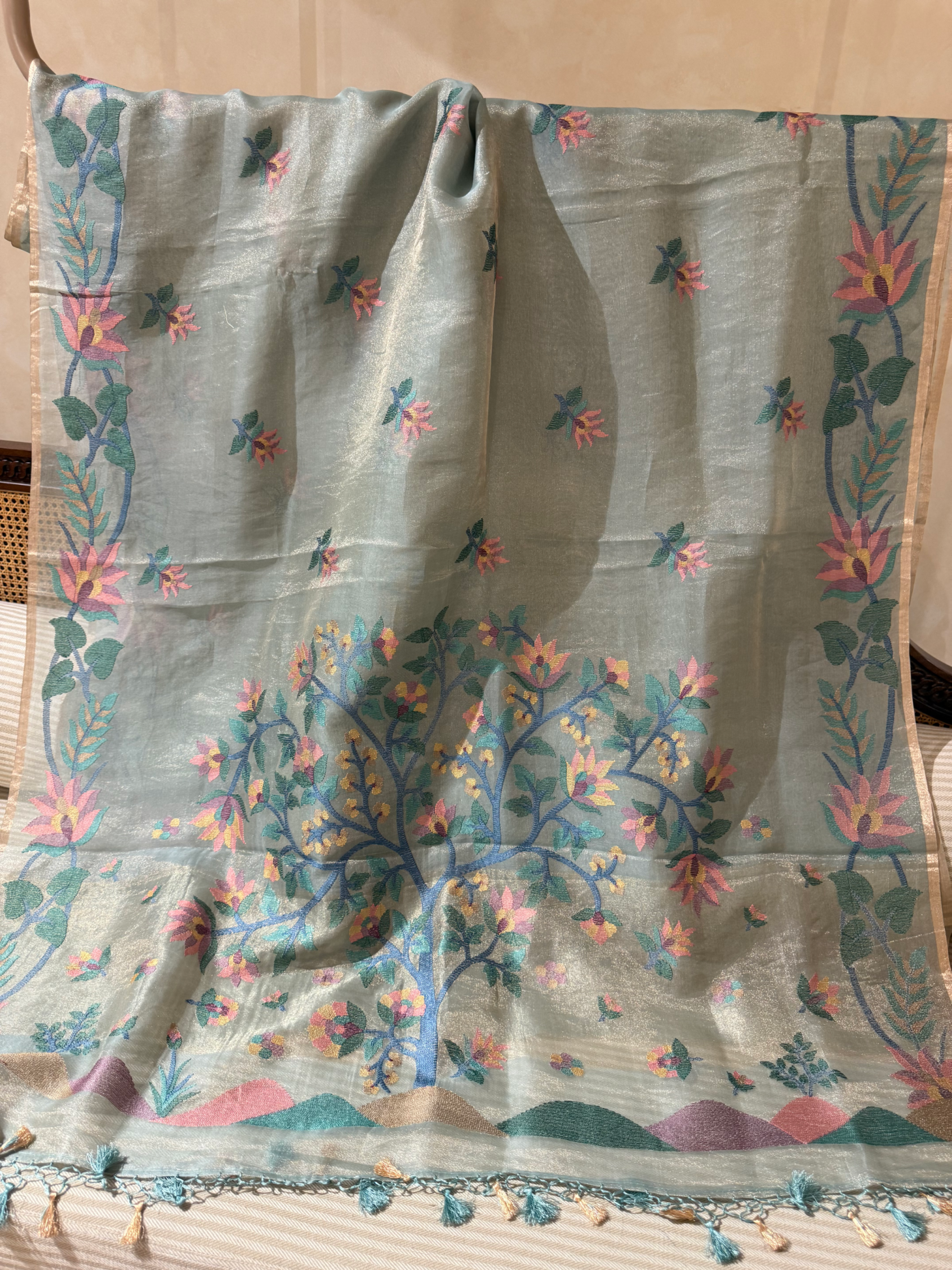STJA209 :  Light Sea Blue Tissue With Jamdani Look Embroidery