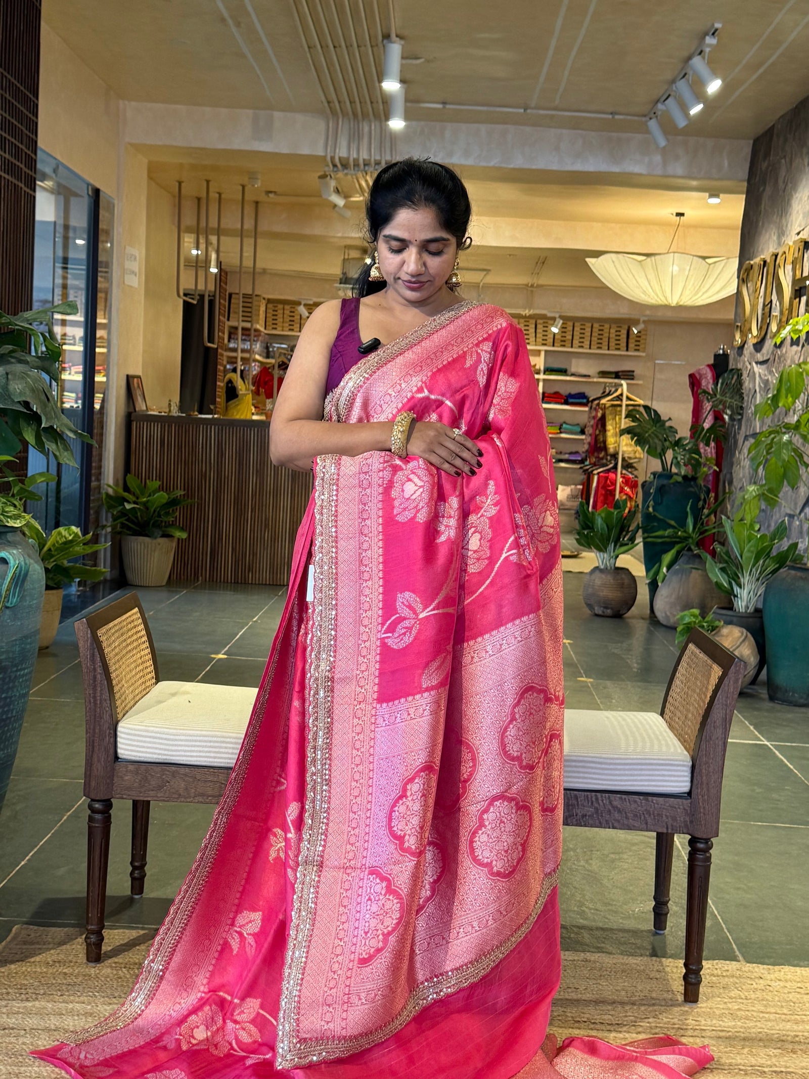 Hot Pink Tussar Khaddi Saree wth Allover weaving & sabhyasachi borders STKM15