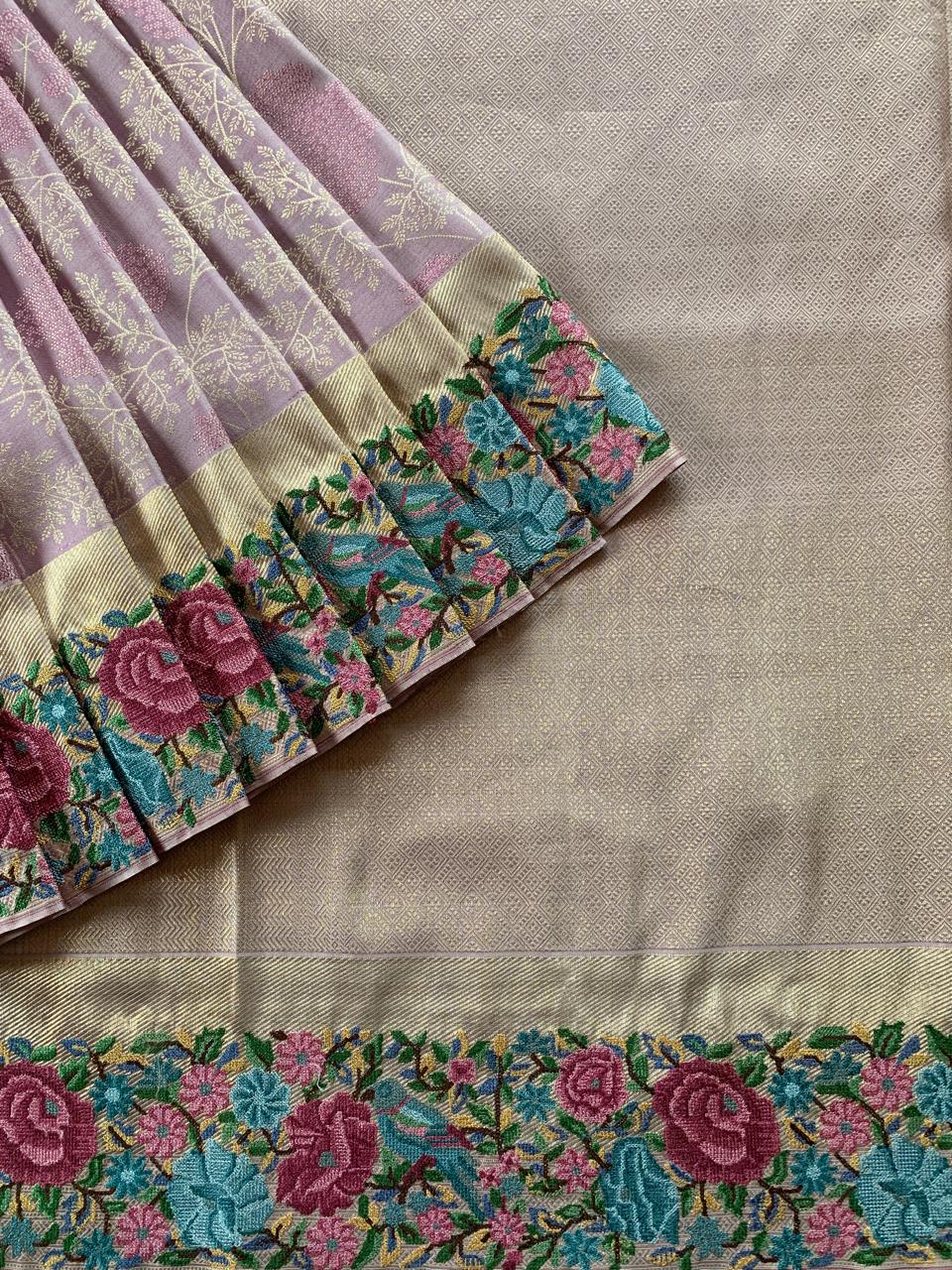 Lilac Pure  Kanchi Brocade Saree with Petite Point Embroidery