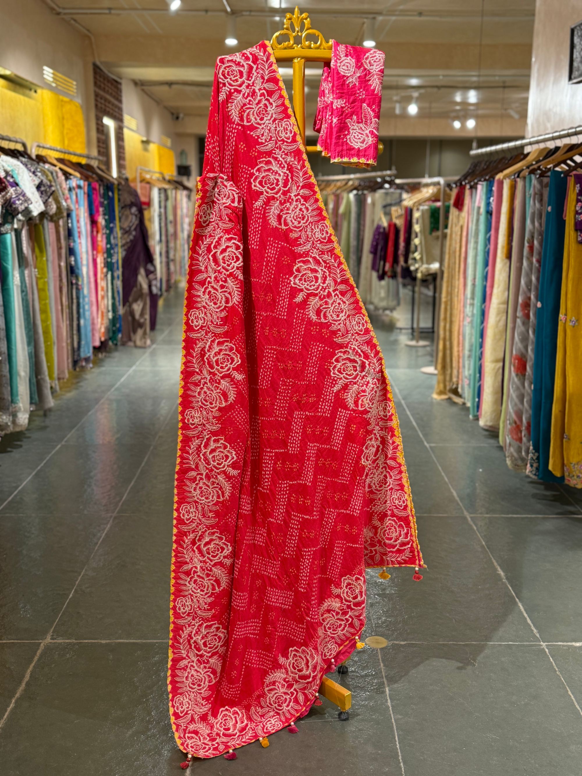 Orange and pink combo half and half style Gajji Silk  Rai Bandhej Saree
