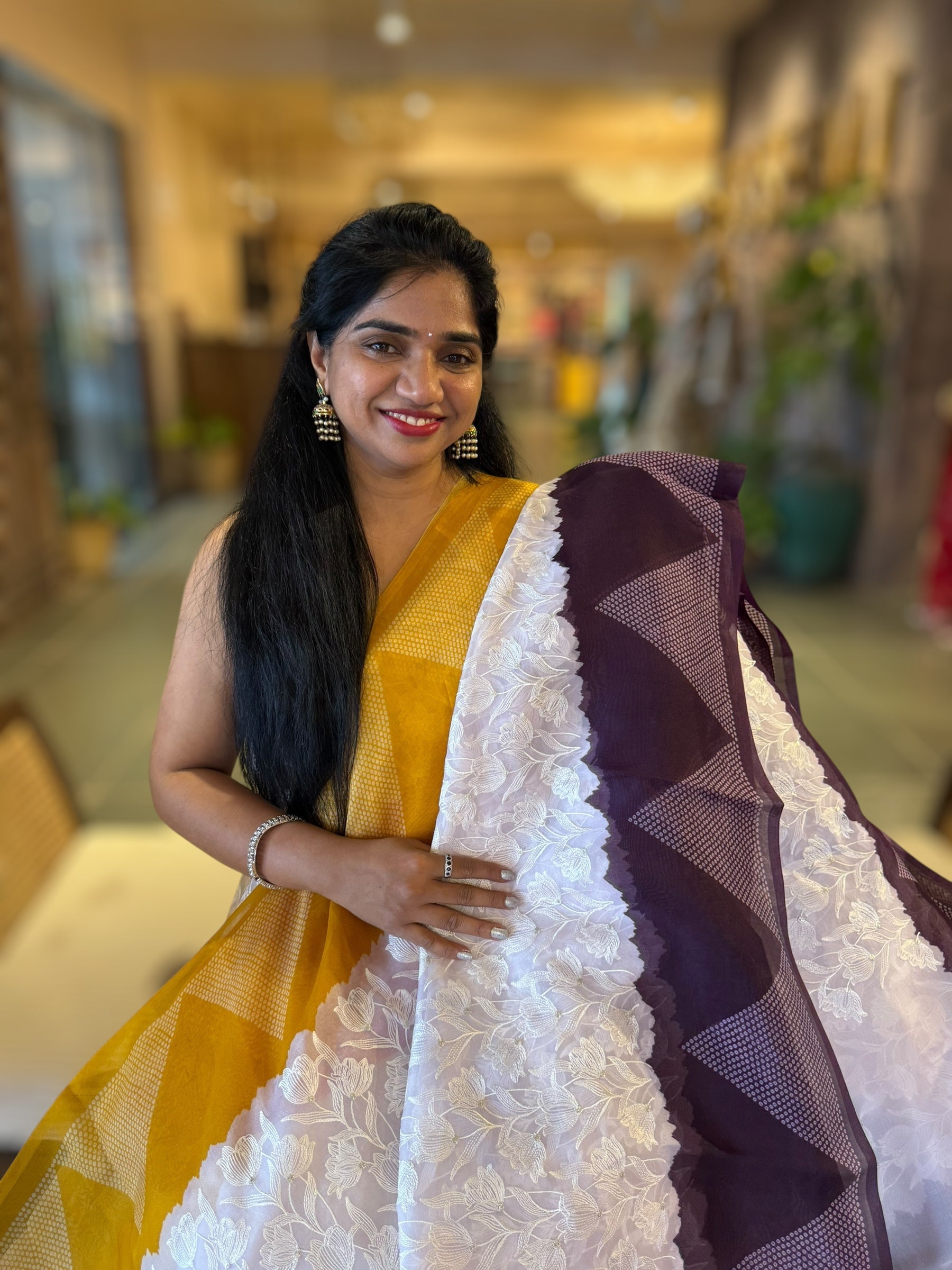 Organza Chikankari Embroidery Saree With Ganga Jamuna Bandhini Temple Borders