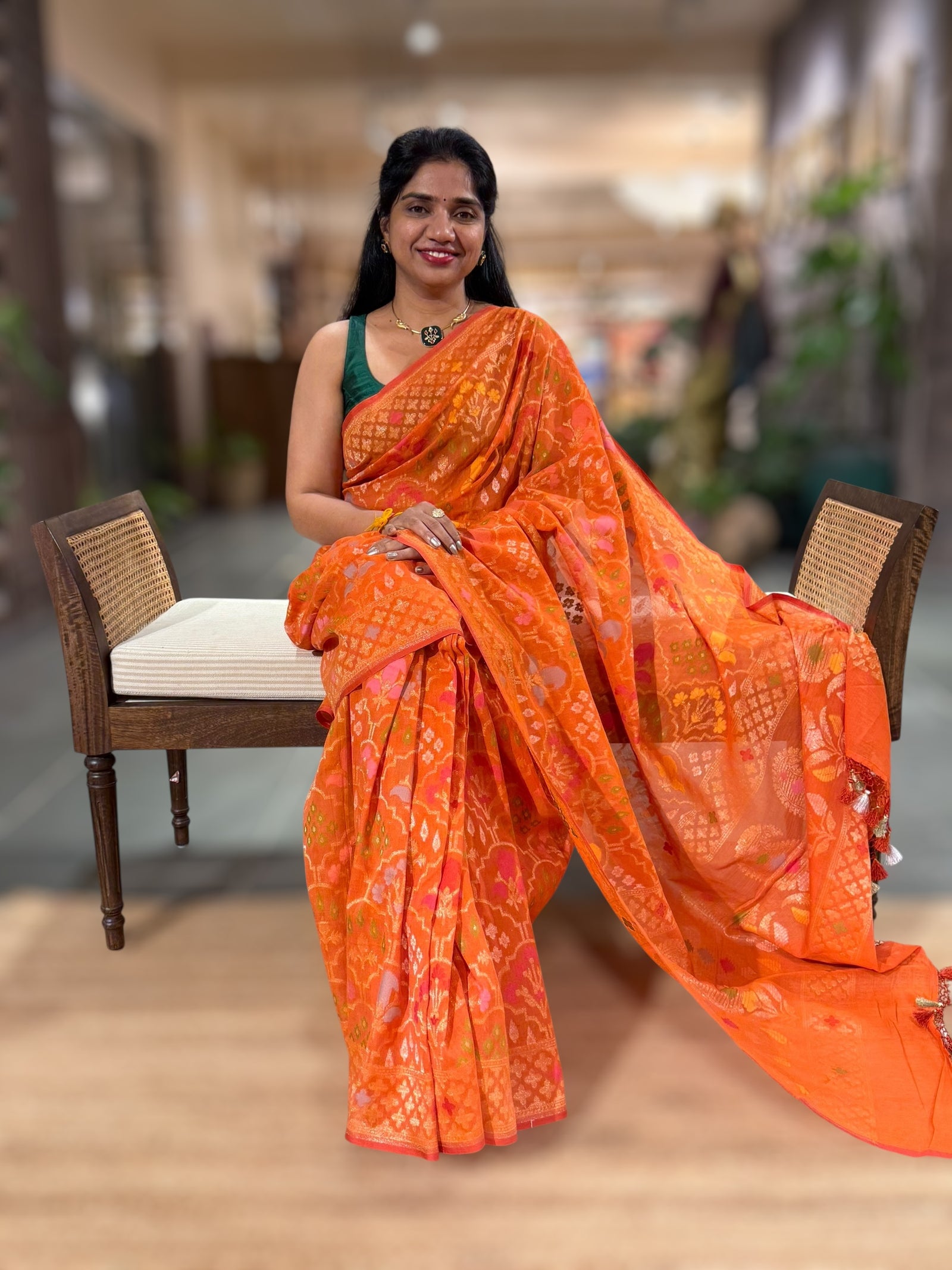 Orange Banarasi Cotton Jamdani Saree With Meenakari Weaving