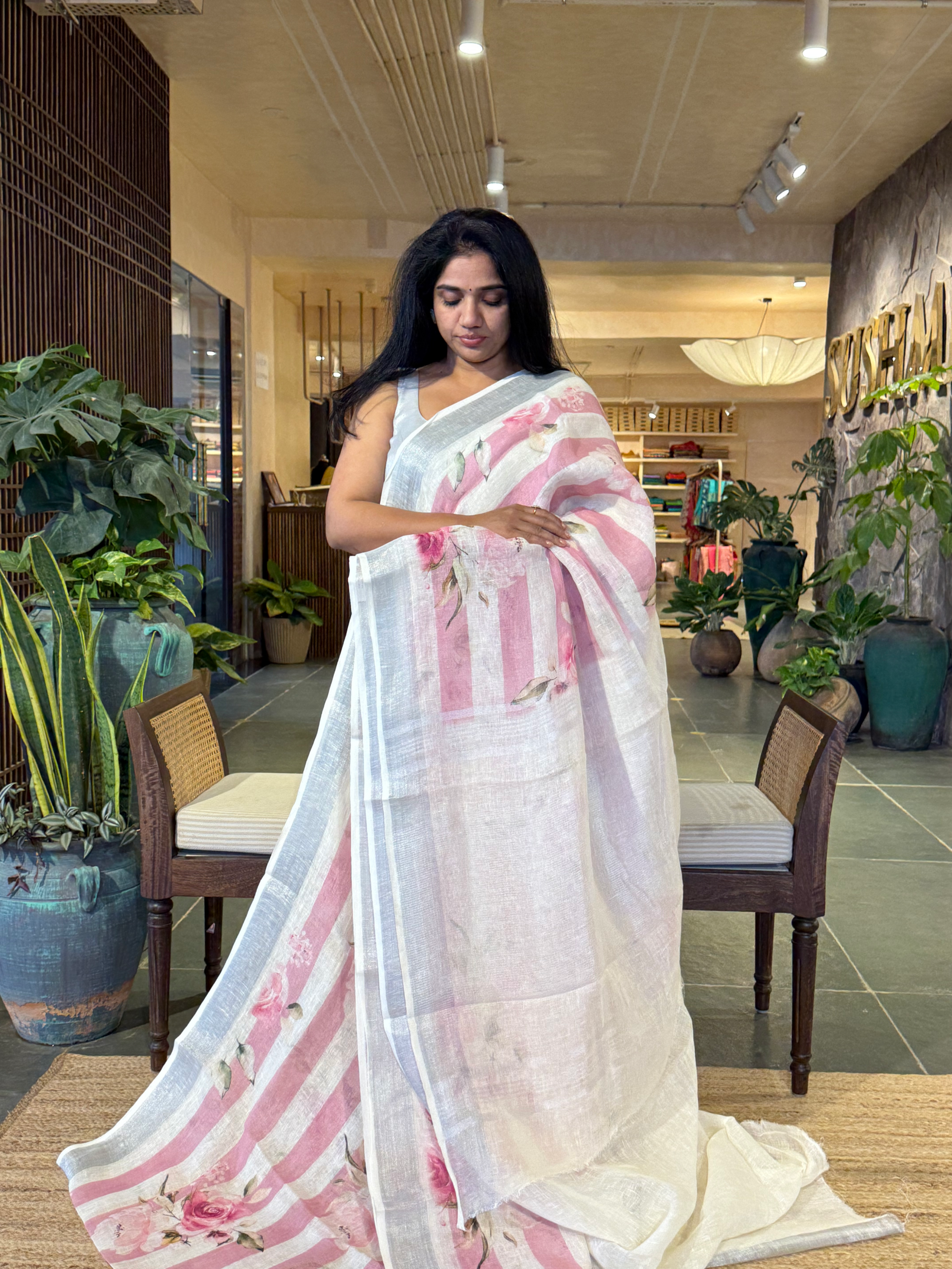 BlushPink & White Pure Handloom Lenin Striped Saree With Statement Floral Print