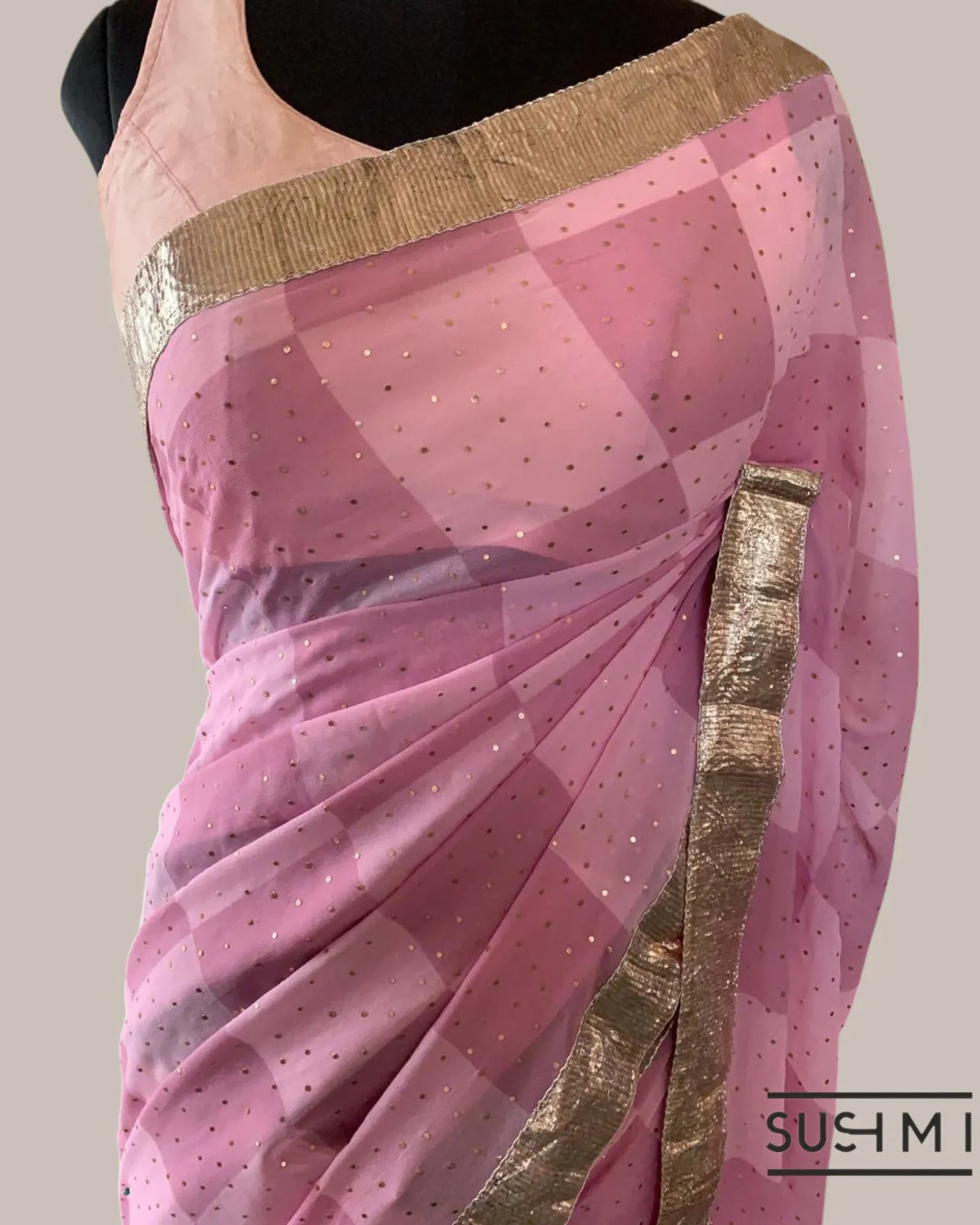 Pure Gorgette Saree in Checks Pattern , Allover Seuence & Hemlined Wth Gota lace