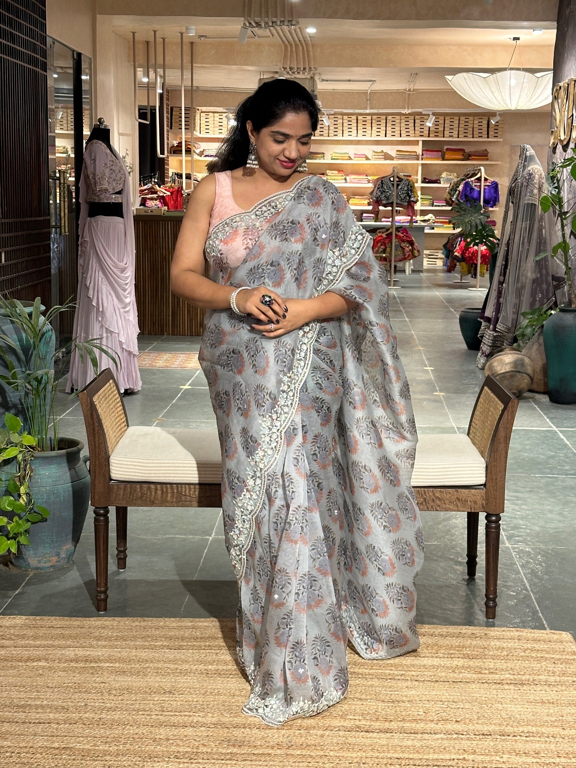 Silverish Grey Pure Organza  handwork  Saree with Sabyasachi  floral print