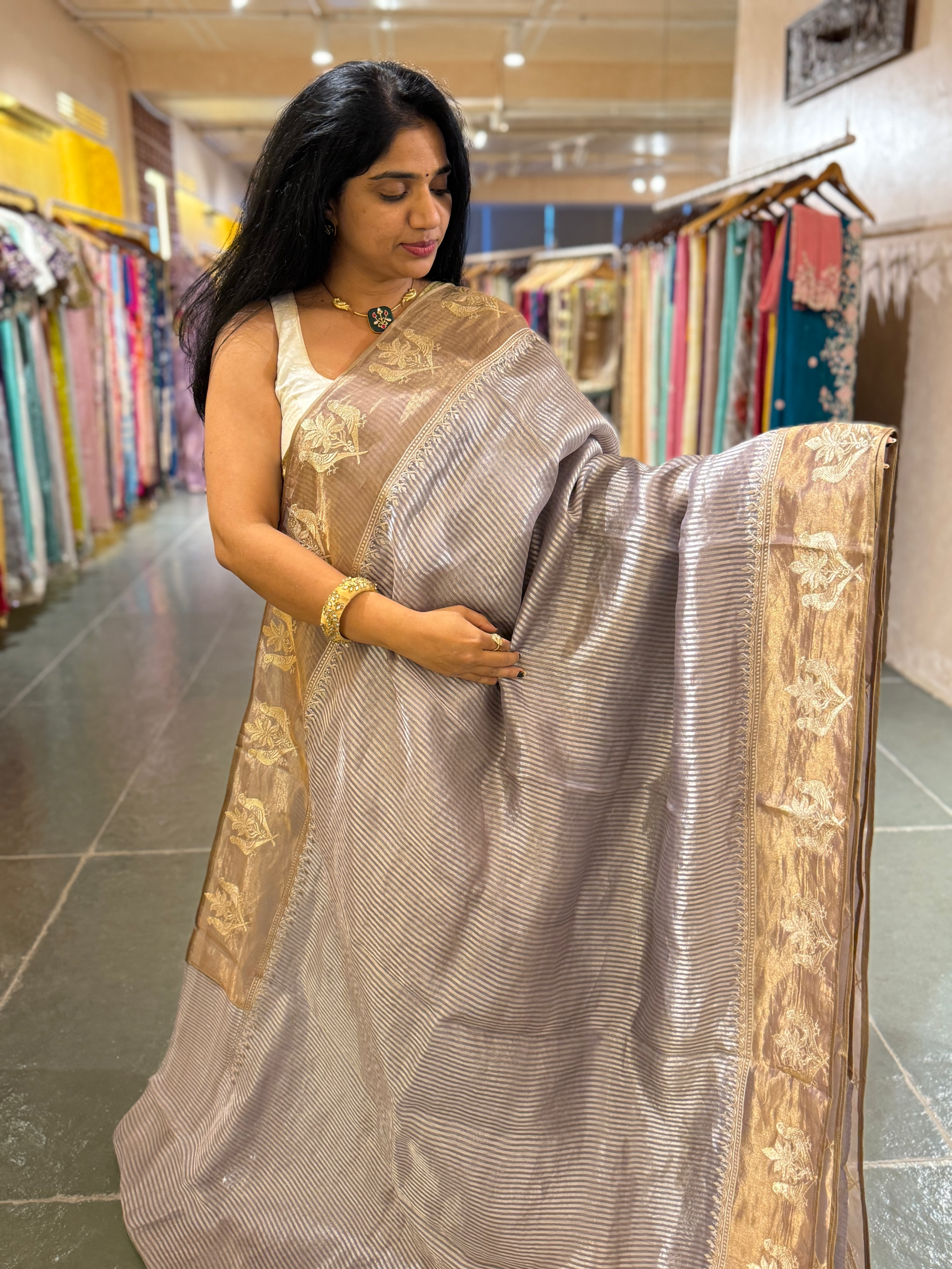Dusty Purple Kora Tissue stripes saree wth tissue Embroidered Border
