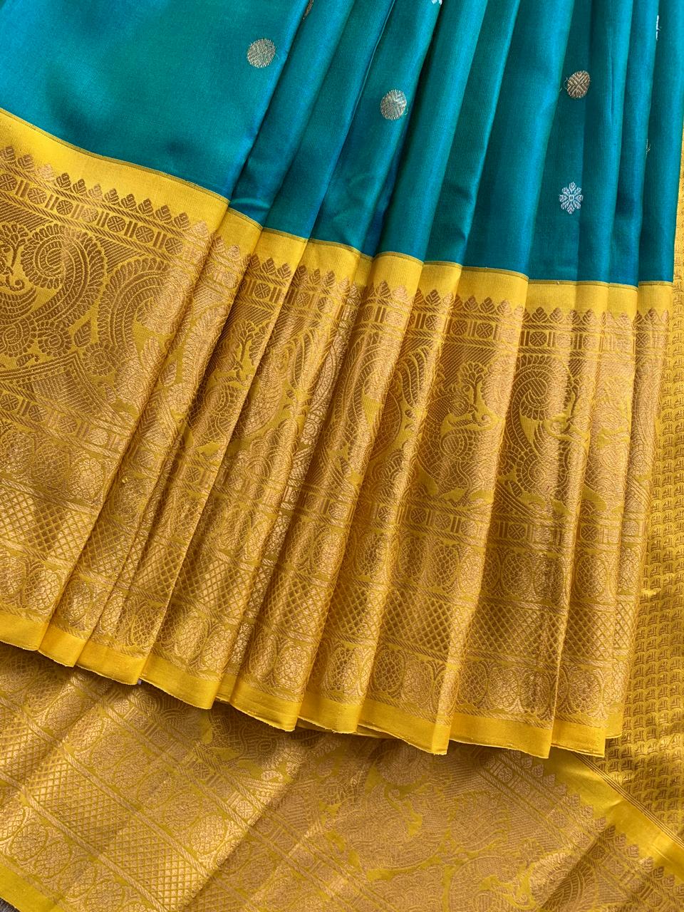 SGSA206 Peacock Blue and yellow Combo Gadwal Handloom Pure Silk Saree