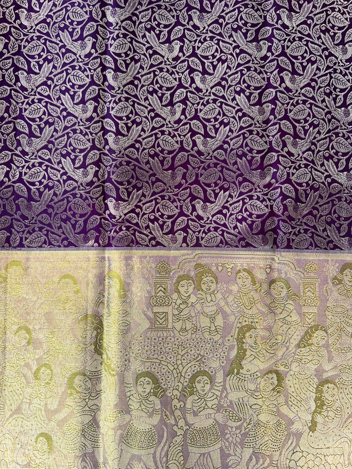 Royal Lavender Pure Kanchi Pattu Saree with Antique Gold Zari & Bird Vine Motif