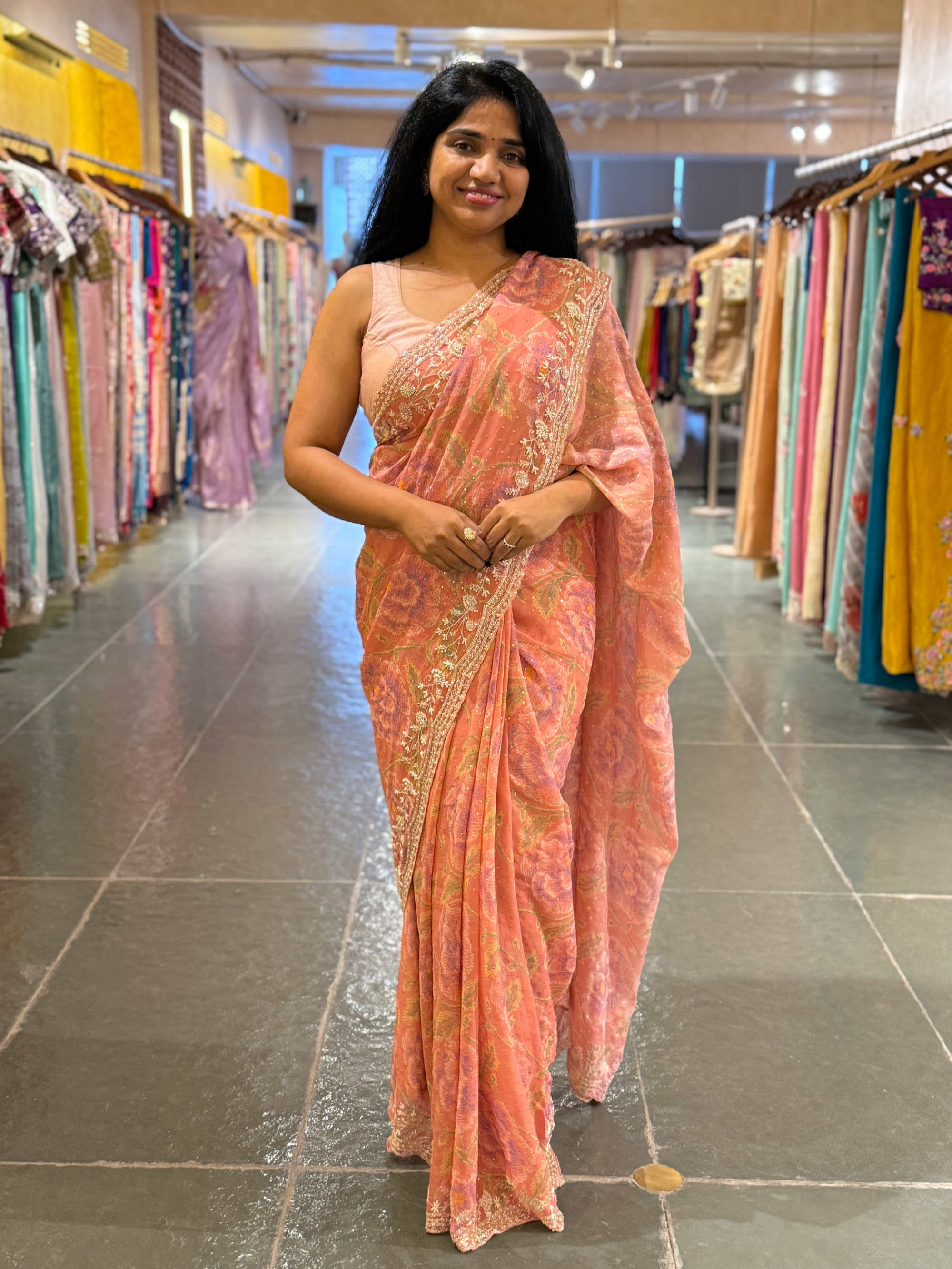Peach Pink Pure gorgette printed Saree with handwork